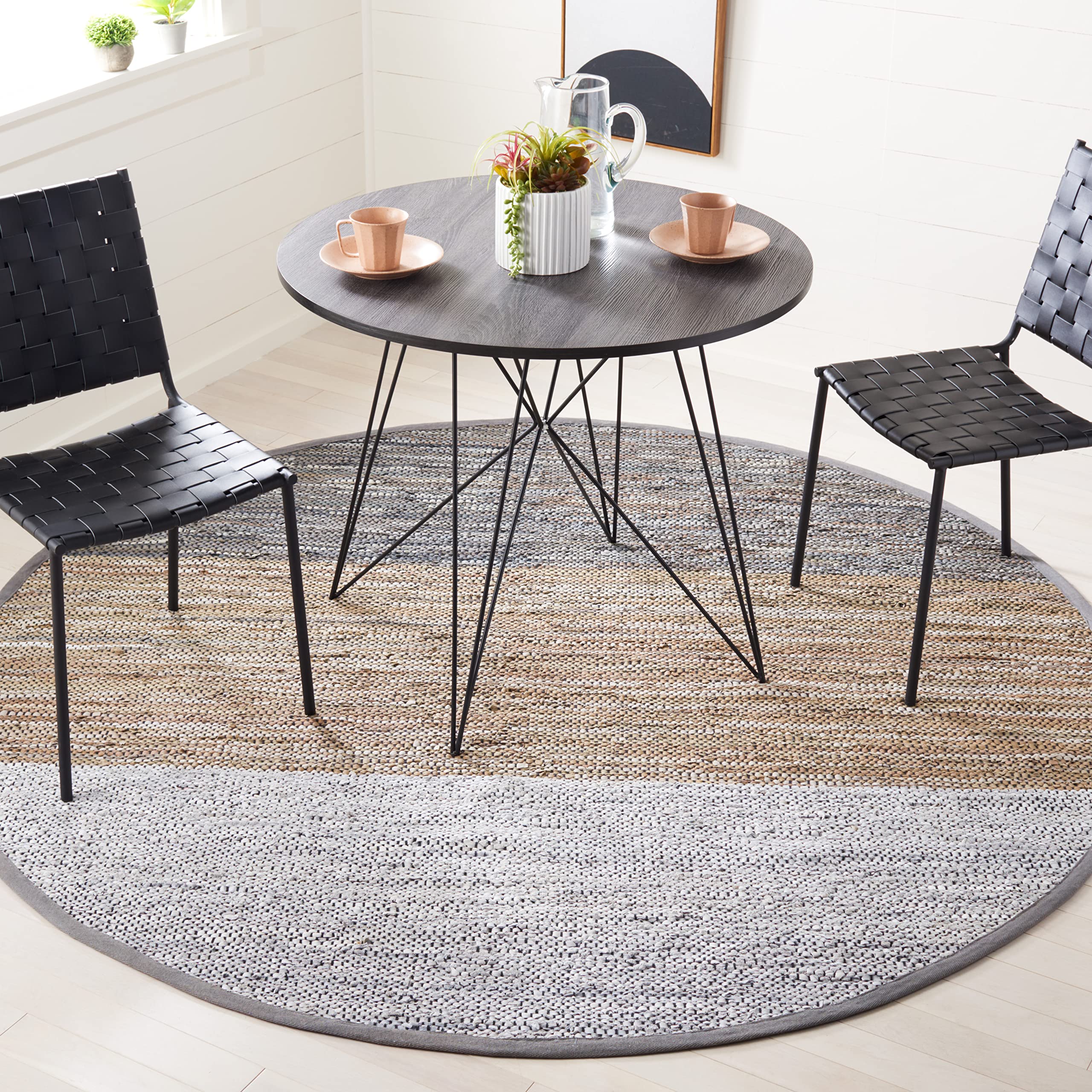 SAFAVIEH Vintage Leather Collection 7-Foot Round Grey Beige Area Rug - Handmade Leather & Cotton - Perfect for Living Room, Bedroom & Office Decor