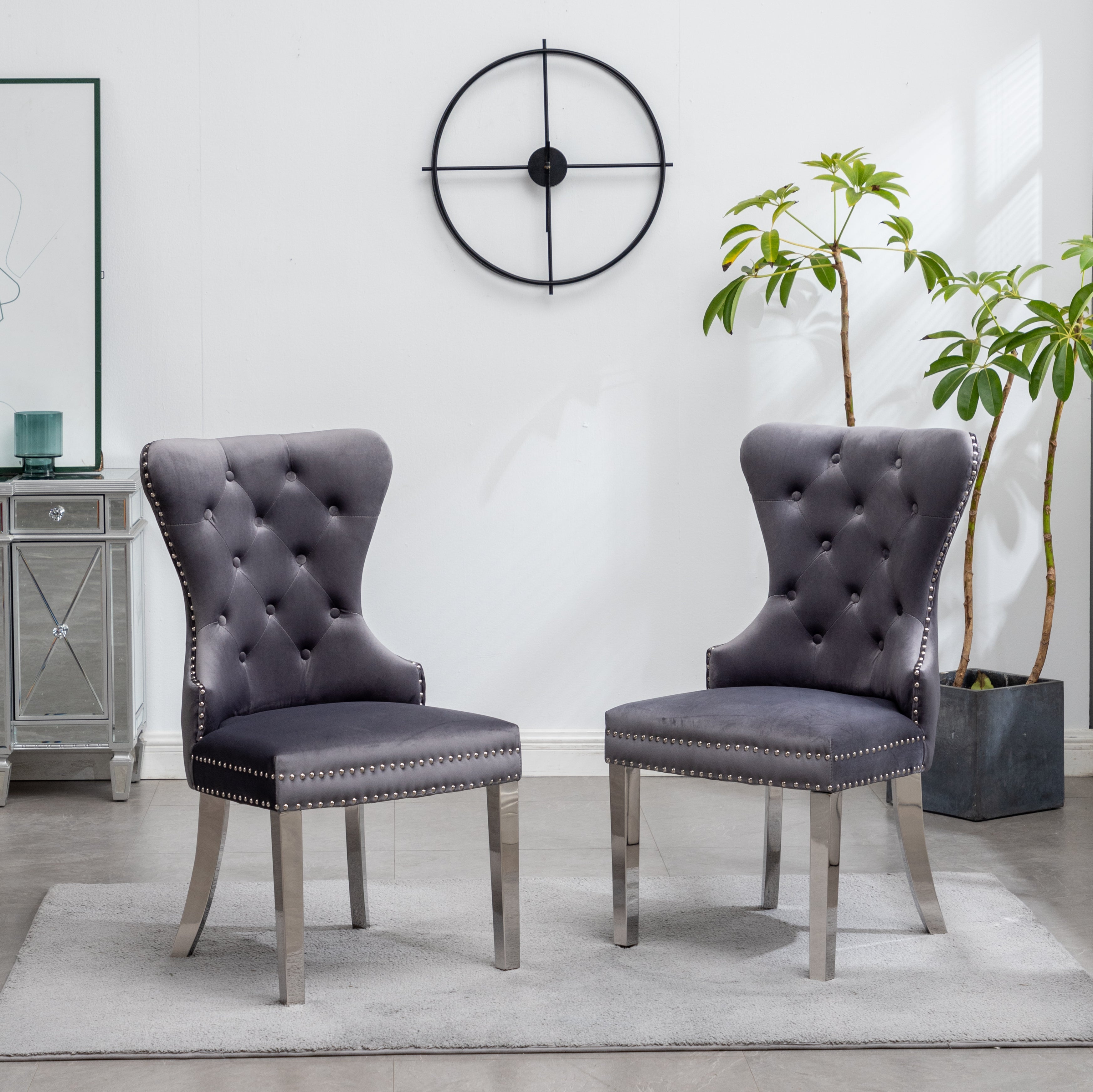 Roundhill Furniture Montura Contemporary Tufted Velvet Accent Chairs with Nailhead Trim - Set of 2 Gray Upholstered Living Room Chairs for Modern Home, Office or Lounge Decor