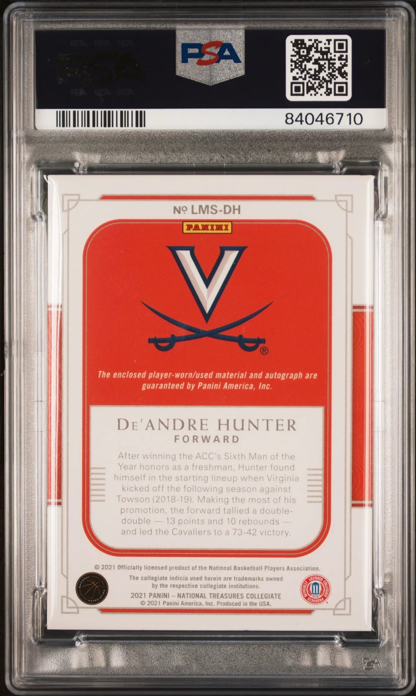 2021 Panini National Treasures Collegiate Legacy Materials Gold Auto De'Andre Hunter PSA 9 10/10 - Rare Basketball Memorabilia for Collectors & Sports Fans