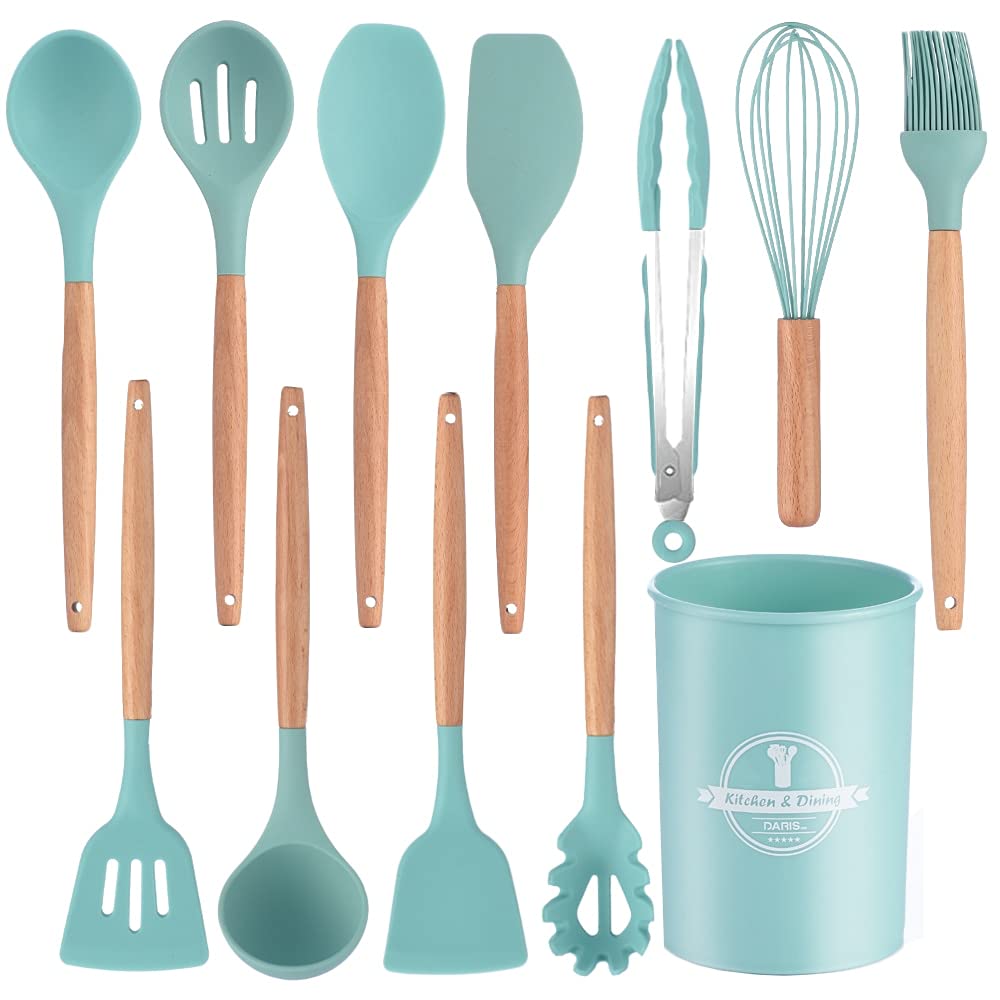 11-Piece Silicone Kitchen Utensil Set with Wooden Handles & Storage Box - Non-Slip Heat-Resistant Cooking Tools for Baking, Frying, Stirring - Countertop Organizer (Blue) - Perfect for Home Chefs & Gift Giving