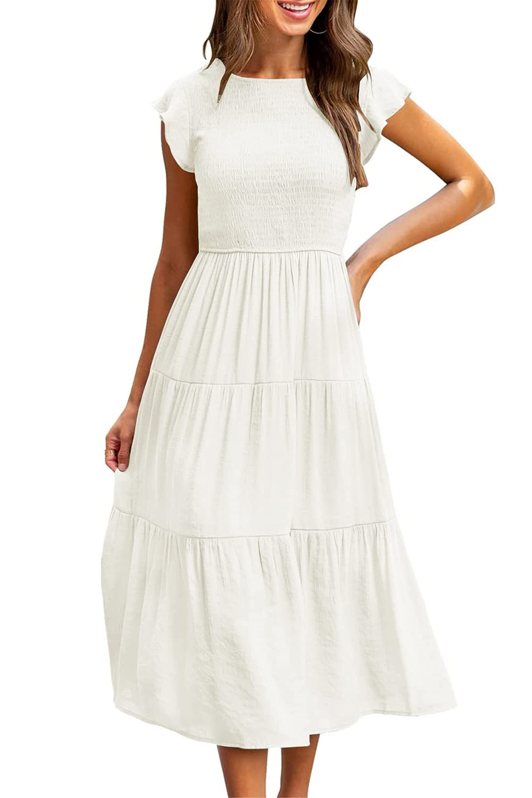 ROSDKCRU Women's Summer Casual Midi Dress - Smocked Crewneck, Flutter Short Sleeve, Boho Tiered Maxi Dress for Beach, Vacation & Outdoor Parties | Flowy Summer Dress for Women