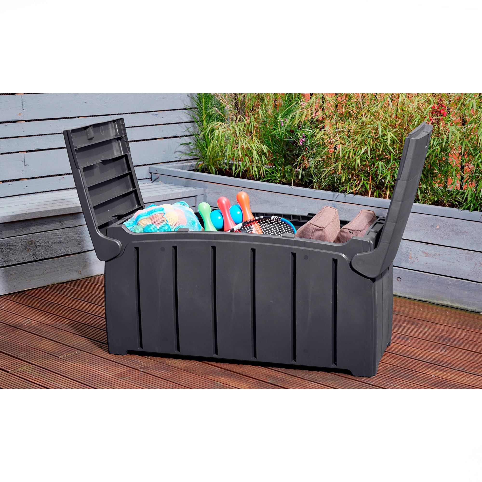 85 Gallon (321L) Outdoor Storage Deck Box with Dual Door Lid - Waterproof Patio Garden Storage Bin for Pool Toys, Cushions & Furniture Accessories - Black - Perfect for Backyard, Deck & Poolside Organization