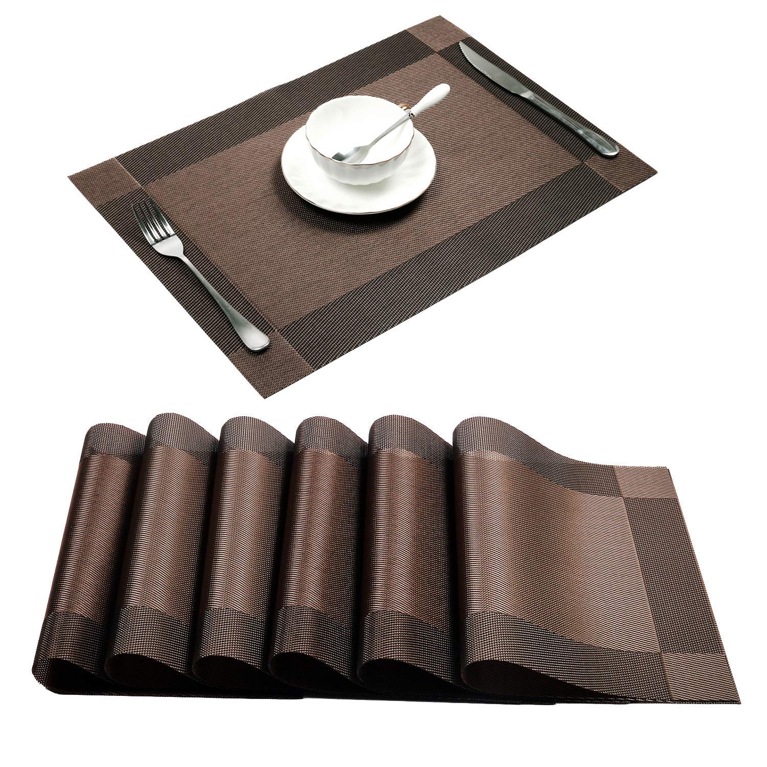 4-Pack Brown PVC Woven Placemats for Dining Table - Stain Resistant Kitchen Table Mats - Perfect for Everyday Meals, Dinner Parties & Home Decor