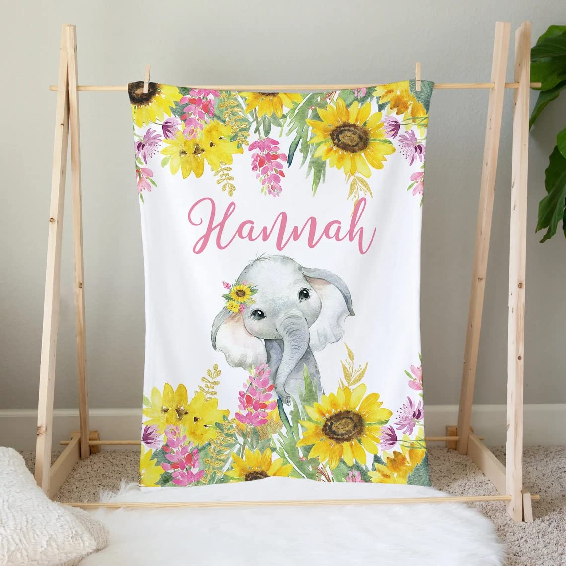 NAZENTI Personalized Baby Blanket for Girls & Boys - Floral Elephant & Sunflower Design, Custom Name Blanket for Nursery, Baby Shower Gift, Swaddle & Crib Blanket for Newborns