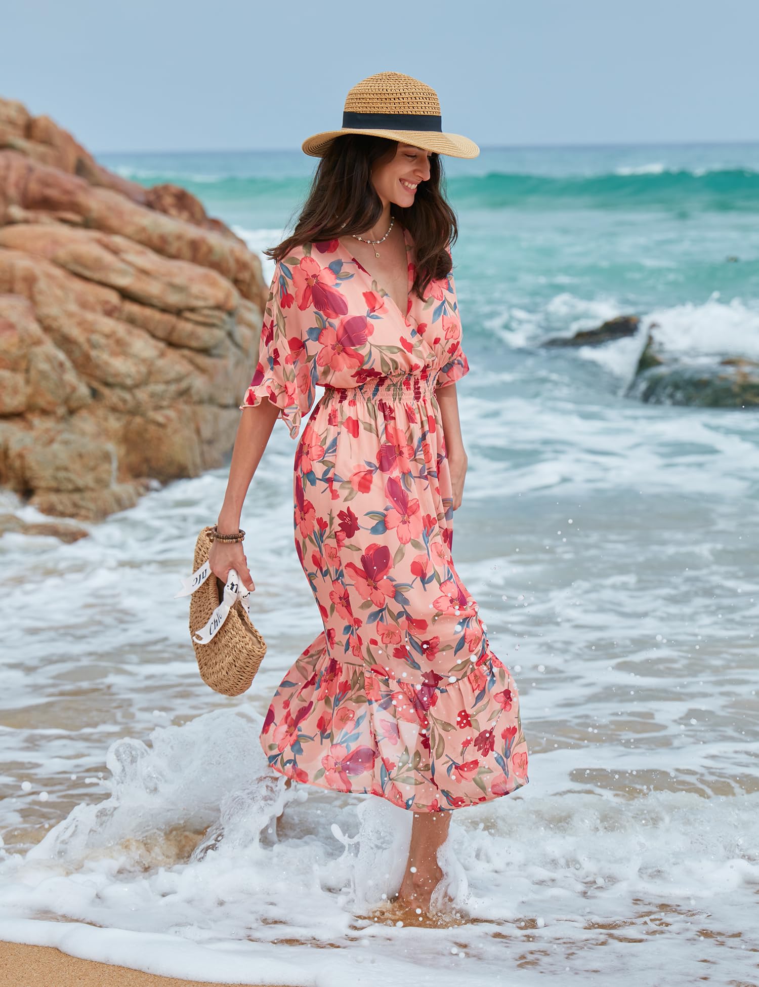 2025 Women's Floral Midi Dress - A-Line Chiffon Boho Casual Short Sleeve Beach Dress for Spring & Summer | Perfect for Vacations, Weddings & Outdoor Parties