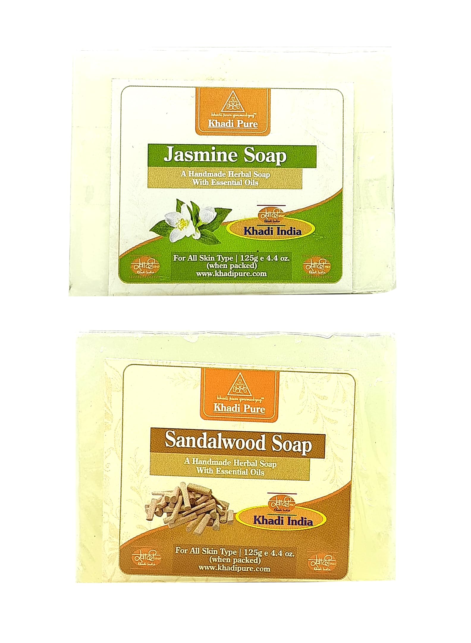 Khadi Pure Herbal Jasmine & Sandalwood Soap (125g) Pack of 2 (250g) - Natural Ayurvedic Skincare for Glowing Skin & Relaxation - Perfect for Daily Use, Gifts & Spa Treatments