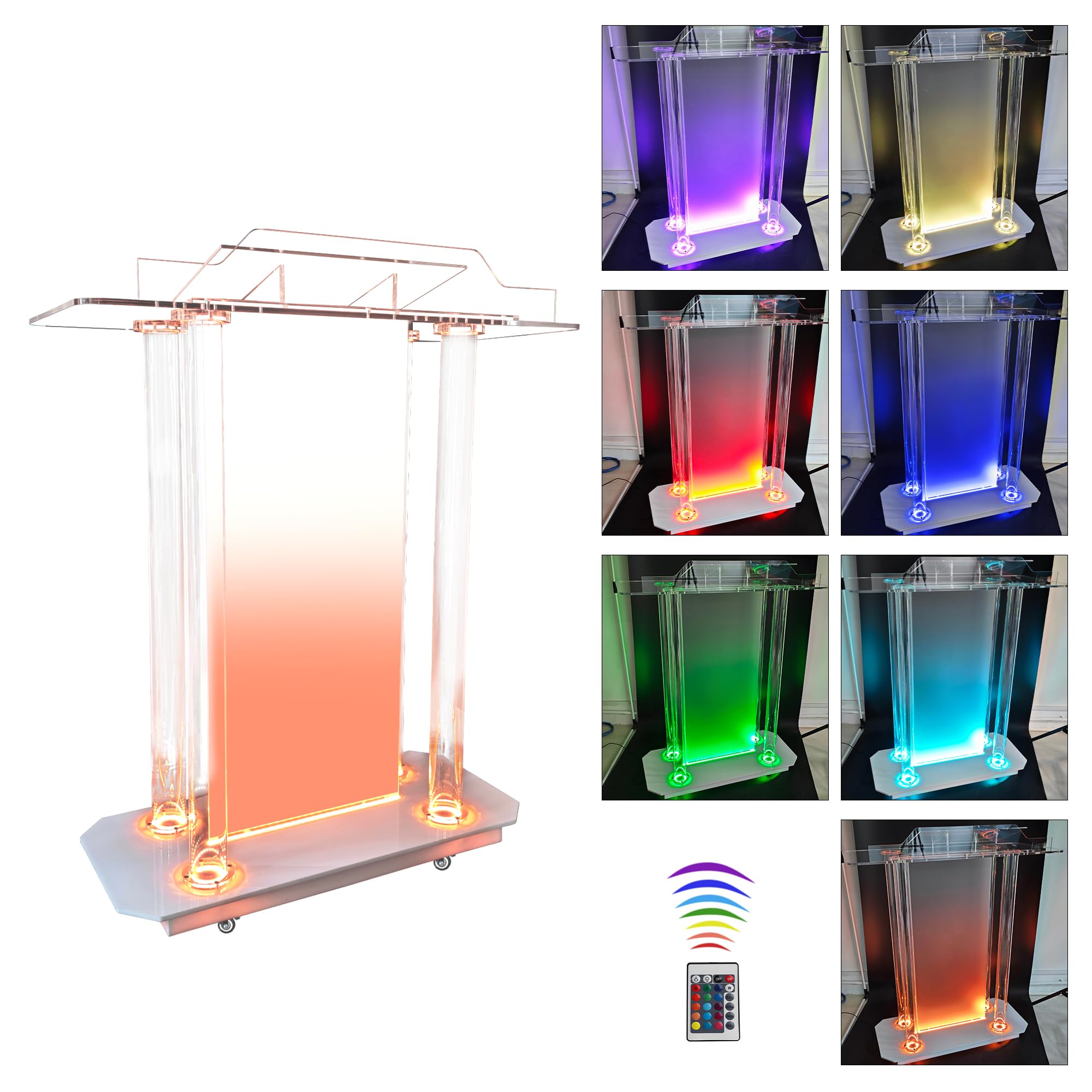 Custom Acrylic Podium Stand with LED Lights & Wheels - Personalized Church Pulpit with Engraved Logo - Portable Lectern for Office, Classroom & Events - Perfect for Sermons, Presentations & Public Speaking