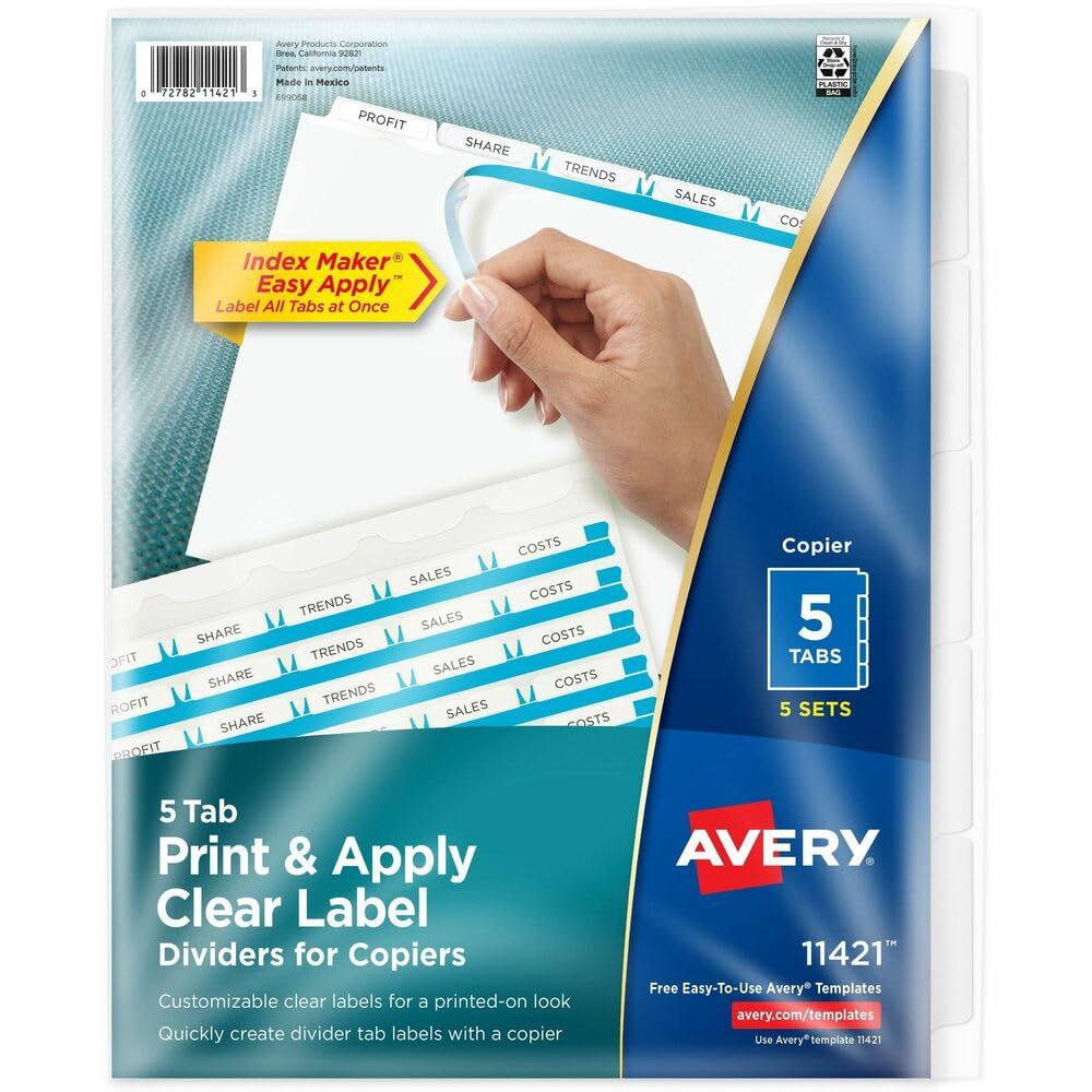 Avery 5-Tab Clear Label Dividers with White Tabs - 30% Recycled Plastic for Copiers & Printers | Office Organization & Document Filing Supplies | Perfect for Binders, Reports, and School Projects