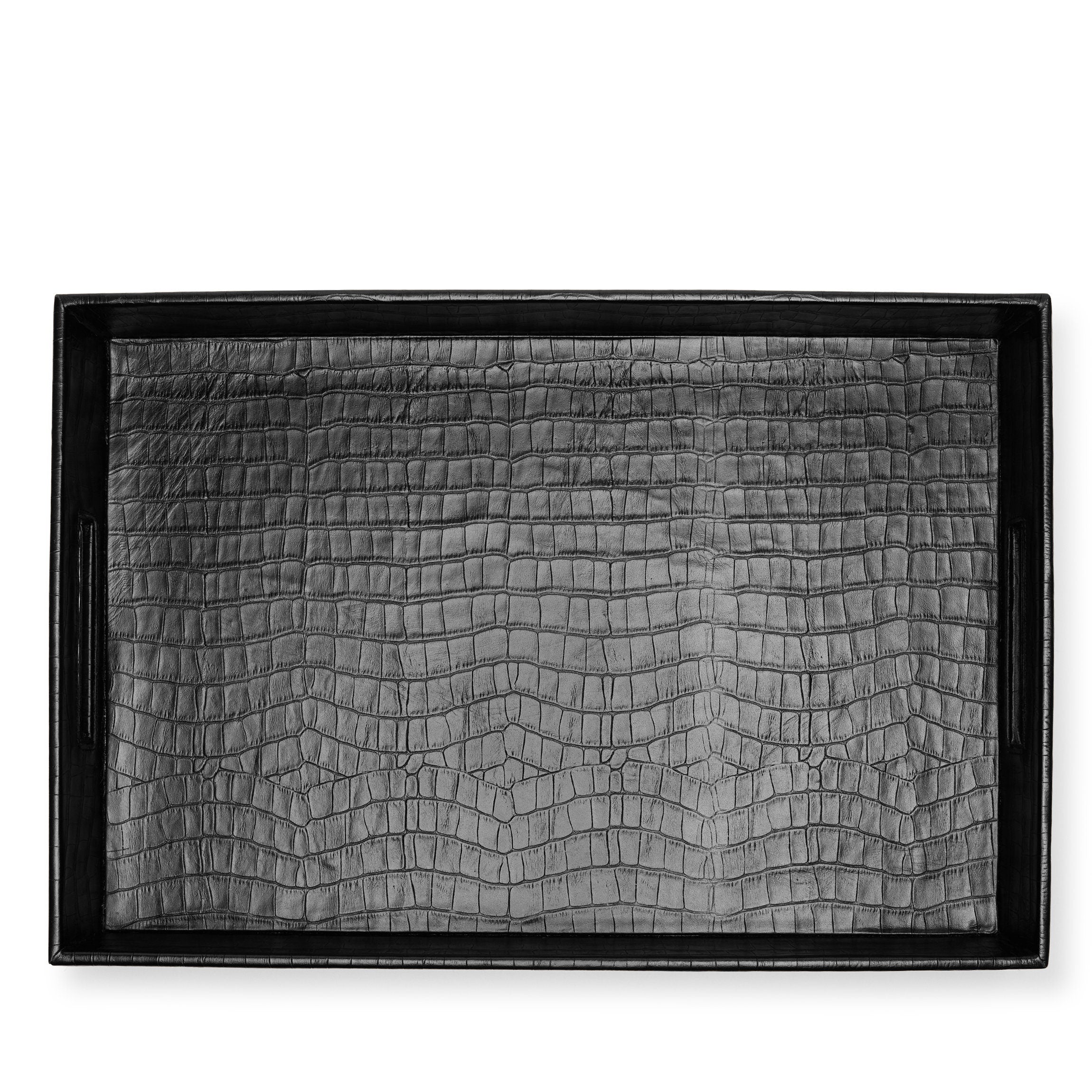 Premium Black Crocodile Leather Decorative Tray - Elegant Home Organizer for Jewelry, Keys & Office Essentials | Stylish Home Decor for Living Room, Bedroom & Vanity