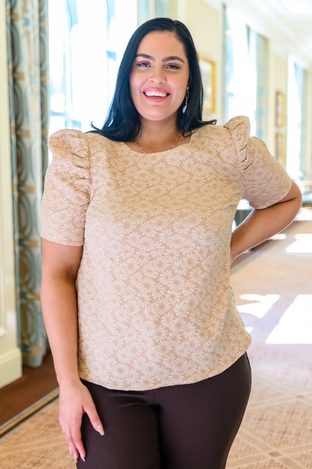 Kelsi Jacquard Puff Sleeve Blouse in Tan | Elegant Women's Fashion Top for Work, Date Night & Special Occasions