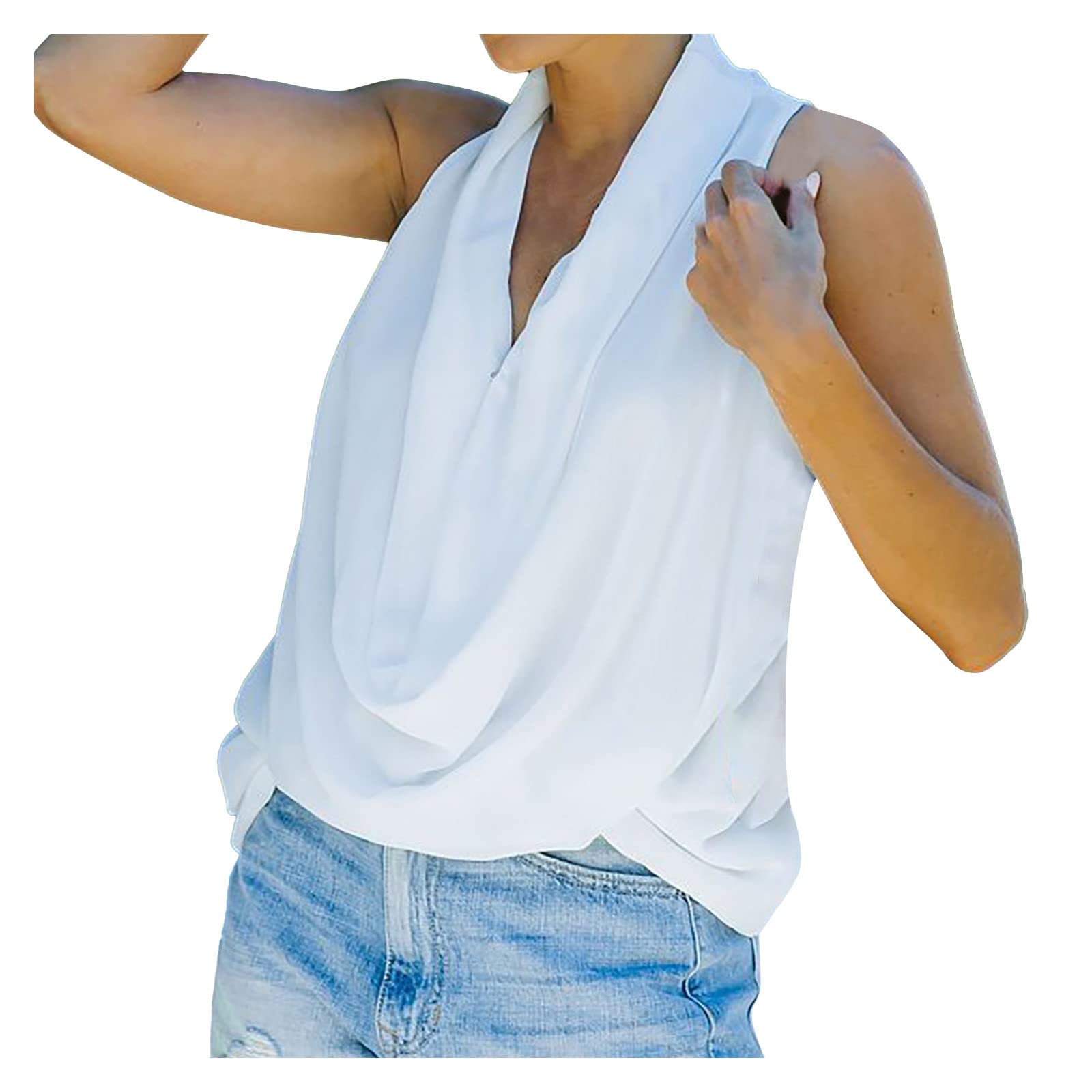 Oversized Graphic Tees for Women - Sexy V-Neck Sleeveless Chiffon Tops with Pile Collar, Solid Color Fashion Shirt (White, Size S) | Casual Wear, Summer Outfits, Street Style, Layering Essential