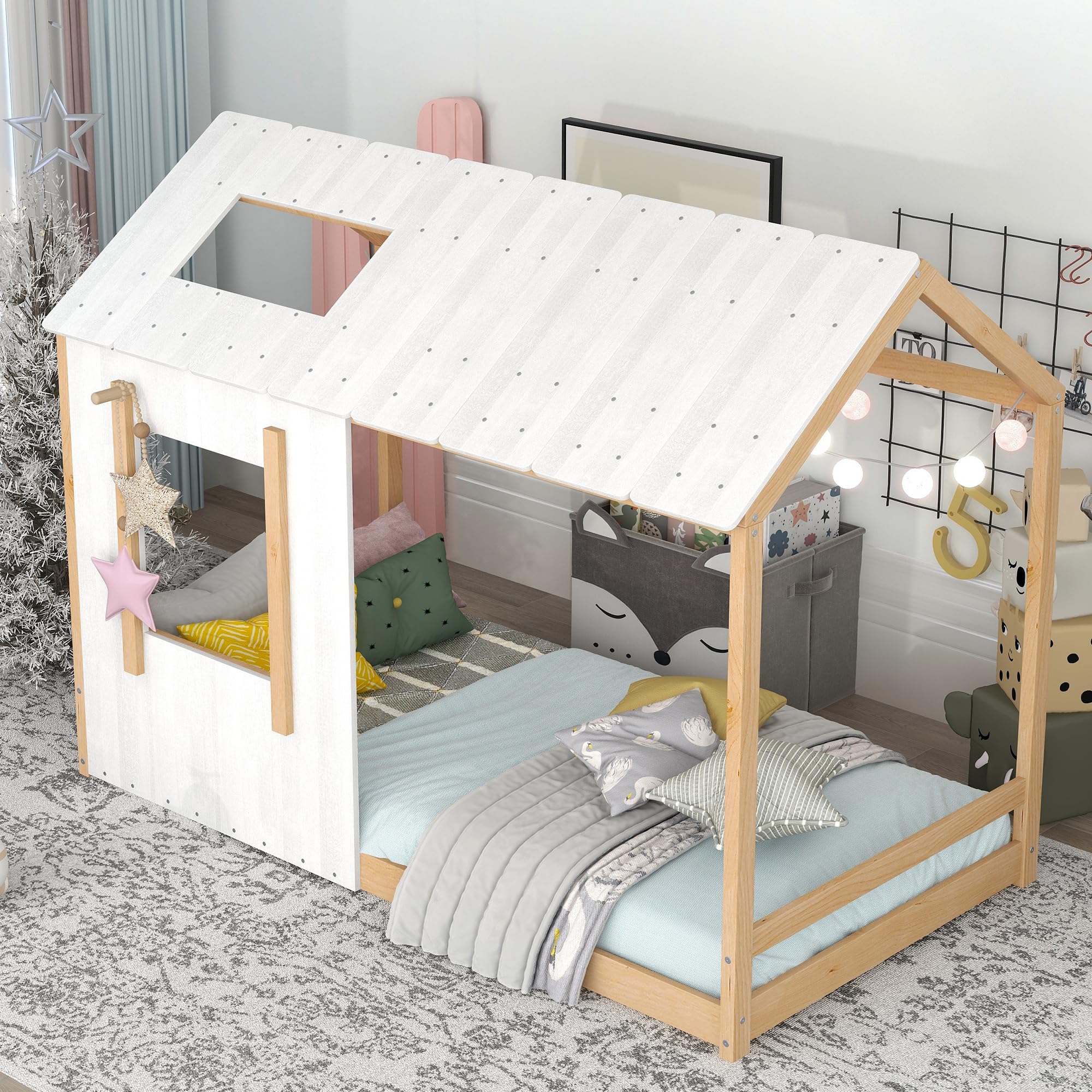 Montessori Twin Size Floor Bed Frame for Kids - Wooden House Bed with Headboard & Roof, No Slats Required - Natural Antique White - Perfect for Toddler Rooms, Daycare Centers & Montessori Classrooms
