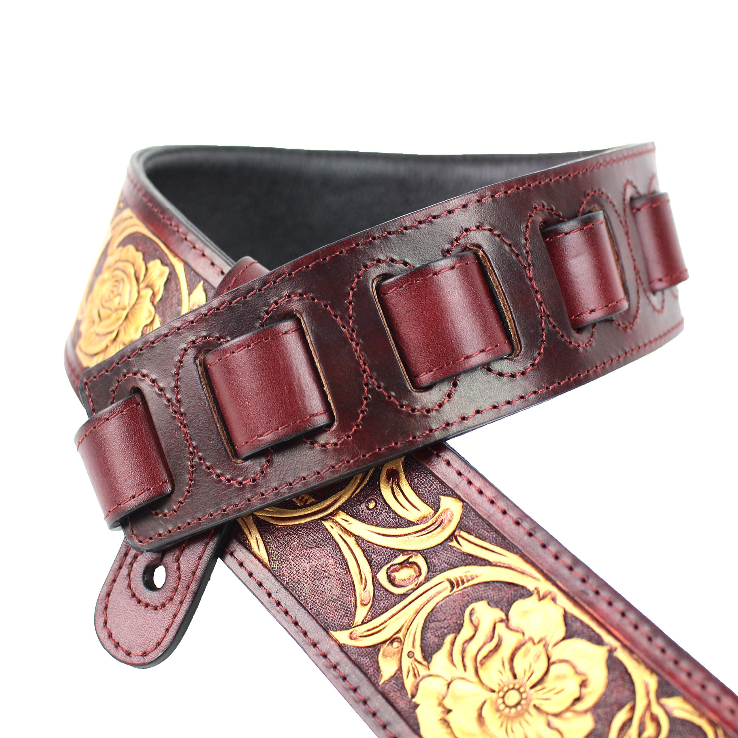 Premium Garnet Red Leather Guitar Strap with Gold Floral Carving - Adjustable for Acoustic, Electric & Bass Guitars | Comfortable & Stylish for Live Performances & Studio Sessions