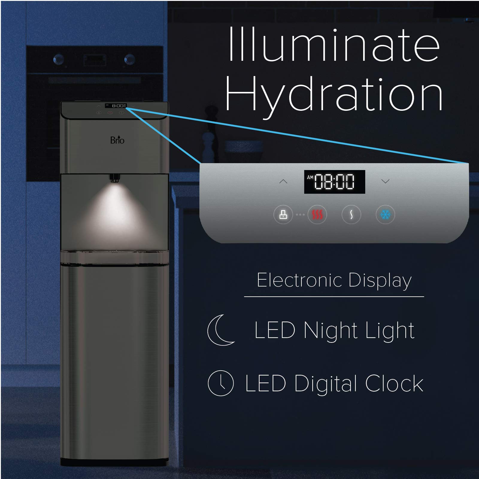 Brio Moderna Bottleless Water Cooler Dispenser with Self-Cleaning & Filtration System – Adjustable Temperature Control – Digital Clock & LED Nightlight – Hot, Cold & Room Water Options – Perfect for Home, Office & Kitchen Use