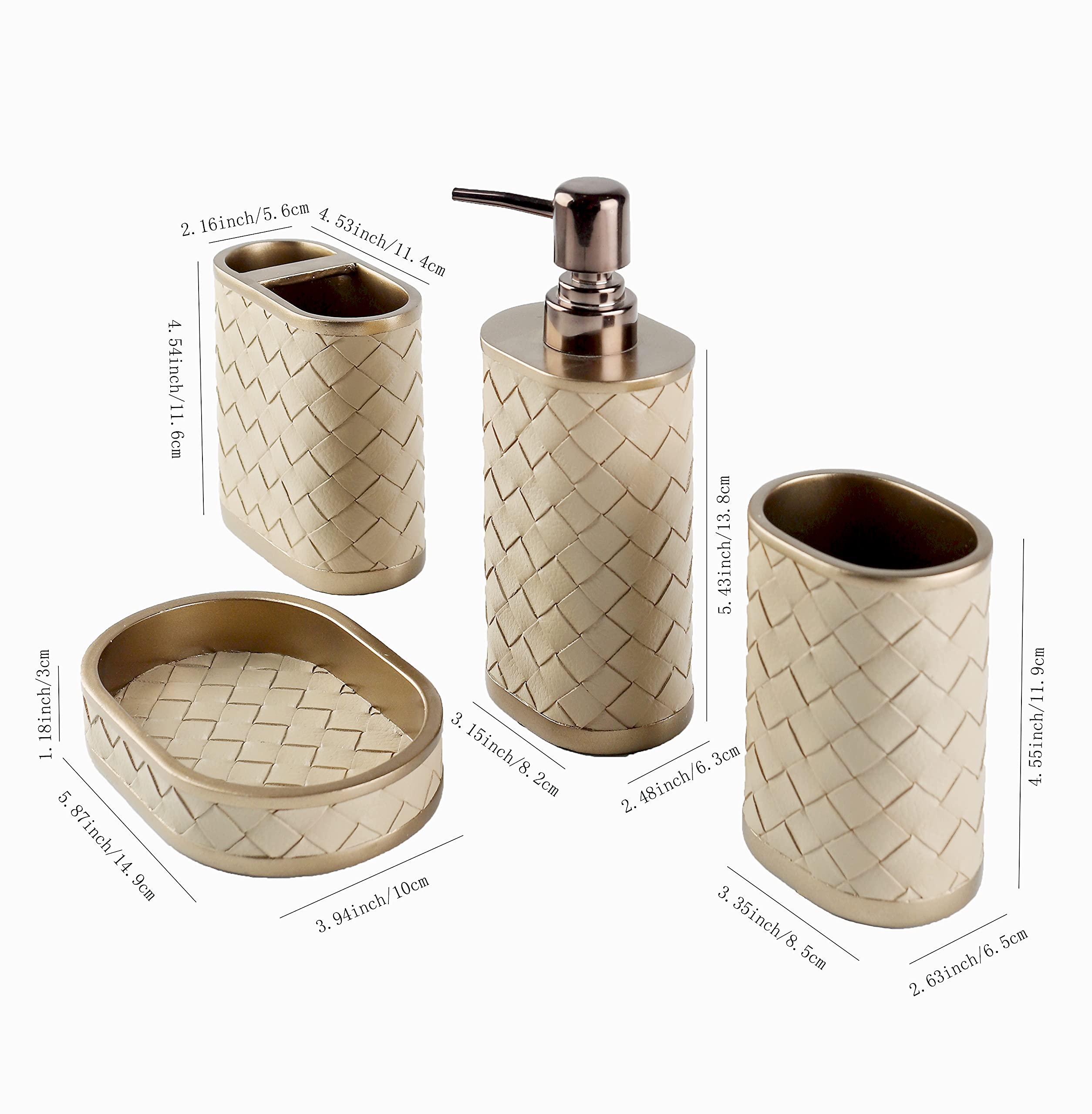 Farmhouse Bathroom Accessories Set - 4 Piece Resin Toothbrush Holder, Soap Dispenser, Soap Dish & Tumbler Gift Set | Rustic Apartment Decor Essentials for Modern Bathrooms