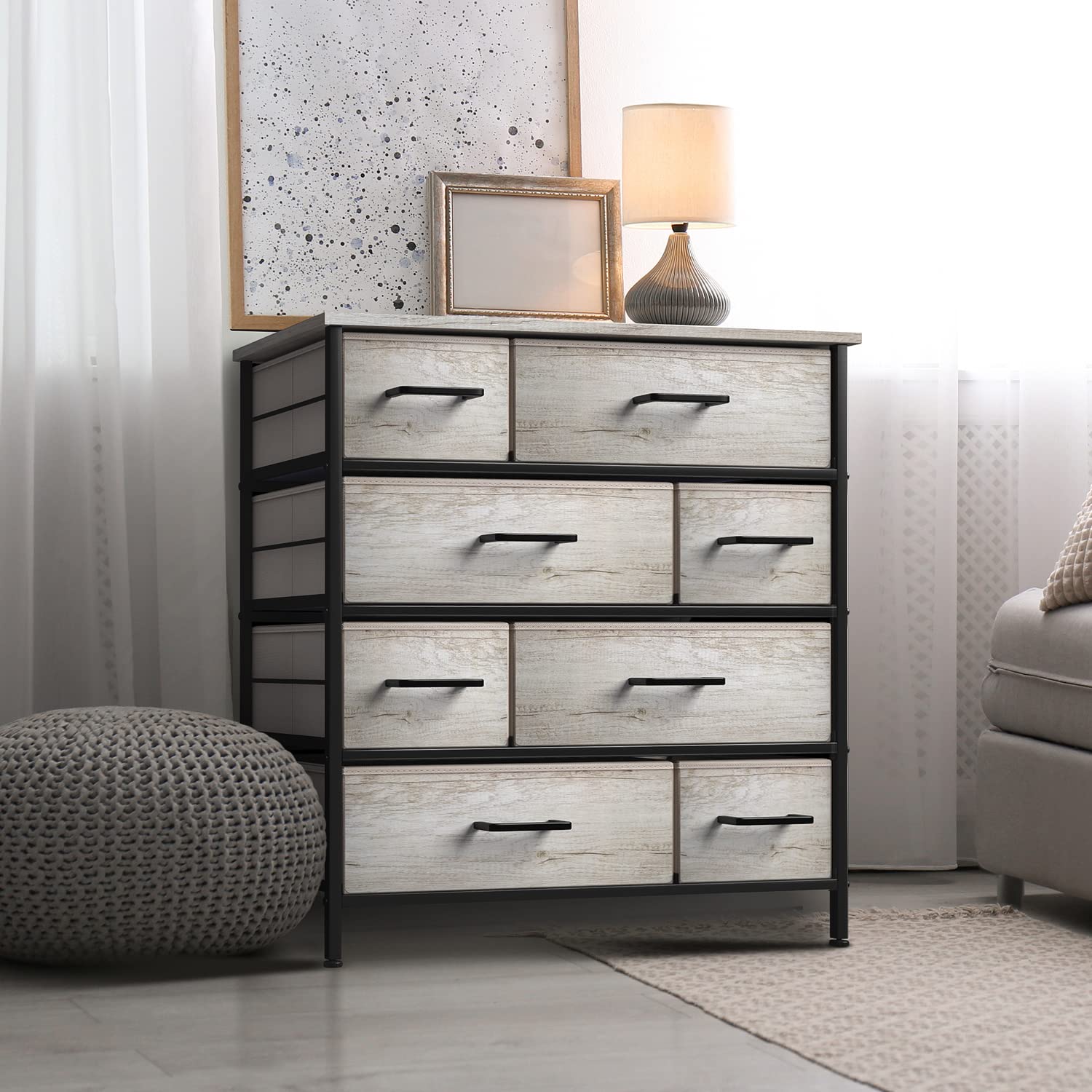 Sorbus 8-Drawer Fabric Dresser for Bedroom - Sturdy Steel Frame with Wood Top & Faux Wood Fabric - Tall Clothes Storage Chest - Portable Standing Wardrobe Organizer - Perfect for Small Spaces, Dorm Rooms & Apartment Closets