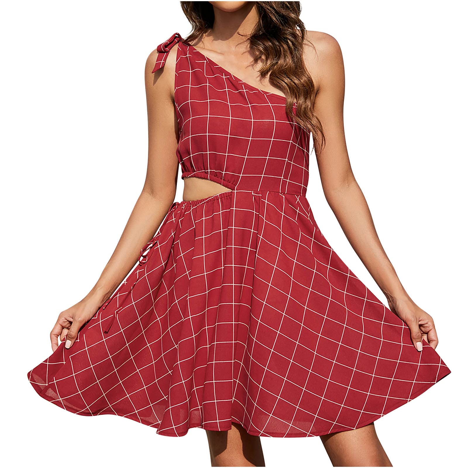 Bohemian Summer Plaid Sleeveless Dress for Women - Flowy Slash Neck Hollow Out Beach Dress | Perfect for Vacation, Holiday & Casual Wear