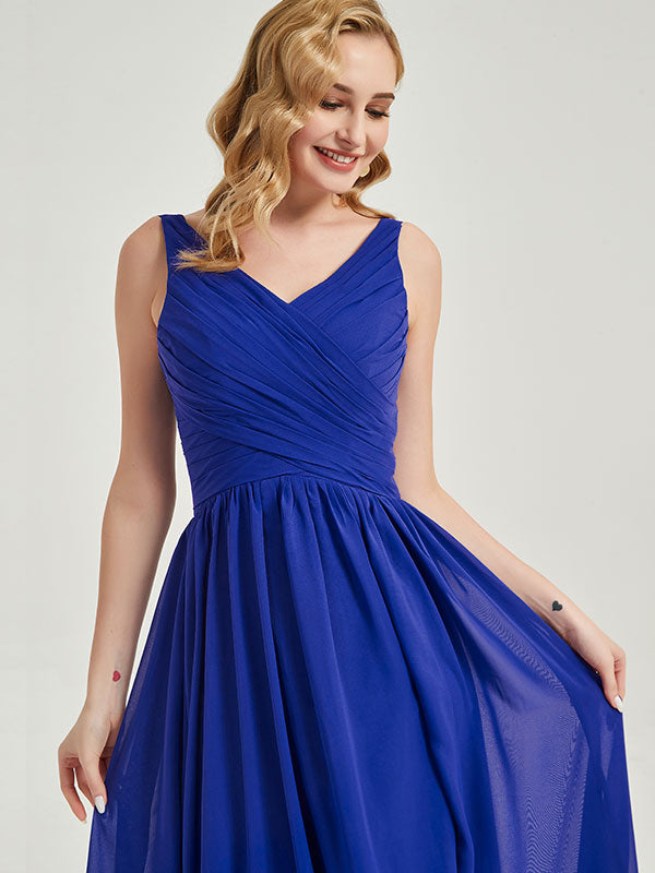 Elegant Blush Wide Straps Sleeveless V-Neck Pleated Flowy Bridesmaid Dress for Weddings, Parties & Special Occasions