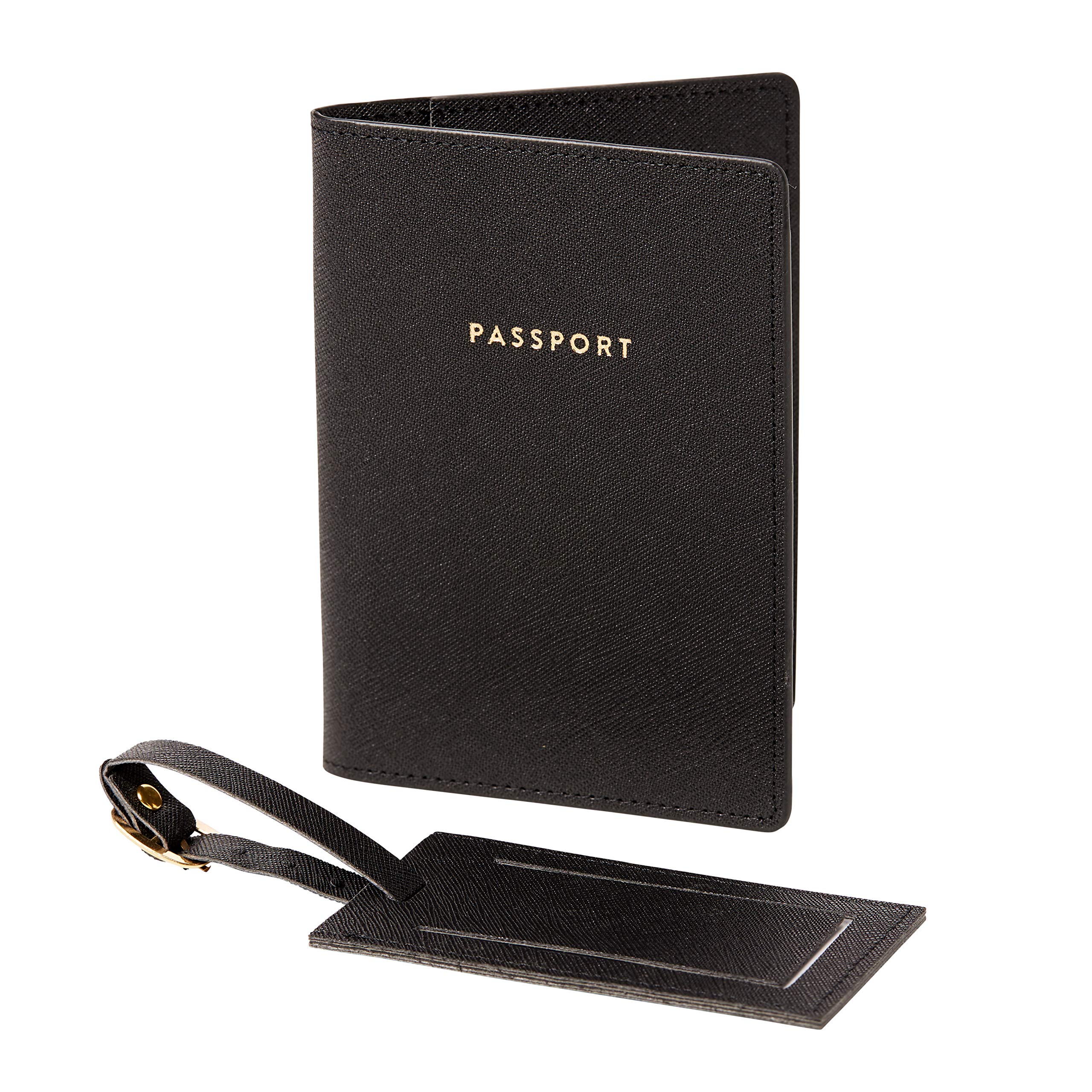 Premium Eccolo Passport Cover Holder & Luggage Tag Set - Classic Black Saffiano Leather Travel Accessories Gift Box | Perfect for International Trips, Business Travel & Vacation Organization