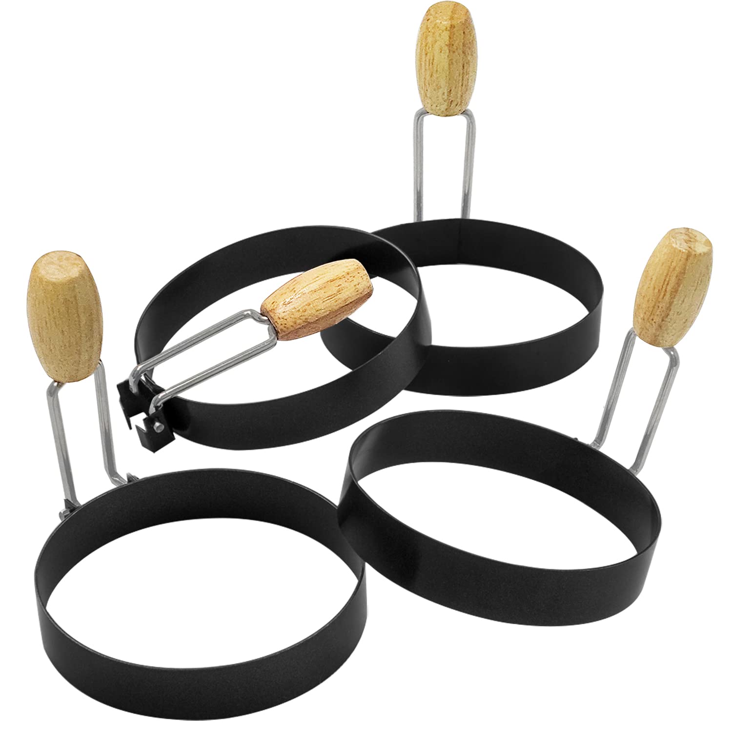 COTEY 3.5-Inch Non-Stick Egg Rings Set of 4 with Ergonomic Wooden Handle - Perfect for Frying Eggs, English Muffins, Pancakes & Breakfast Sandwiches - Ideal for Griddle Cooking, Camping & Home Kitchen Use