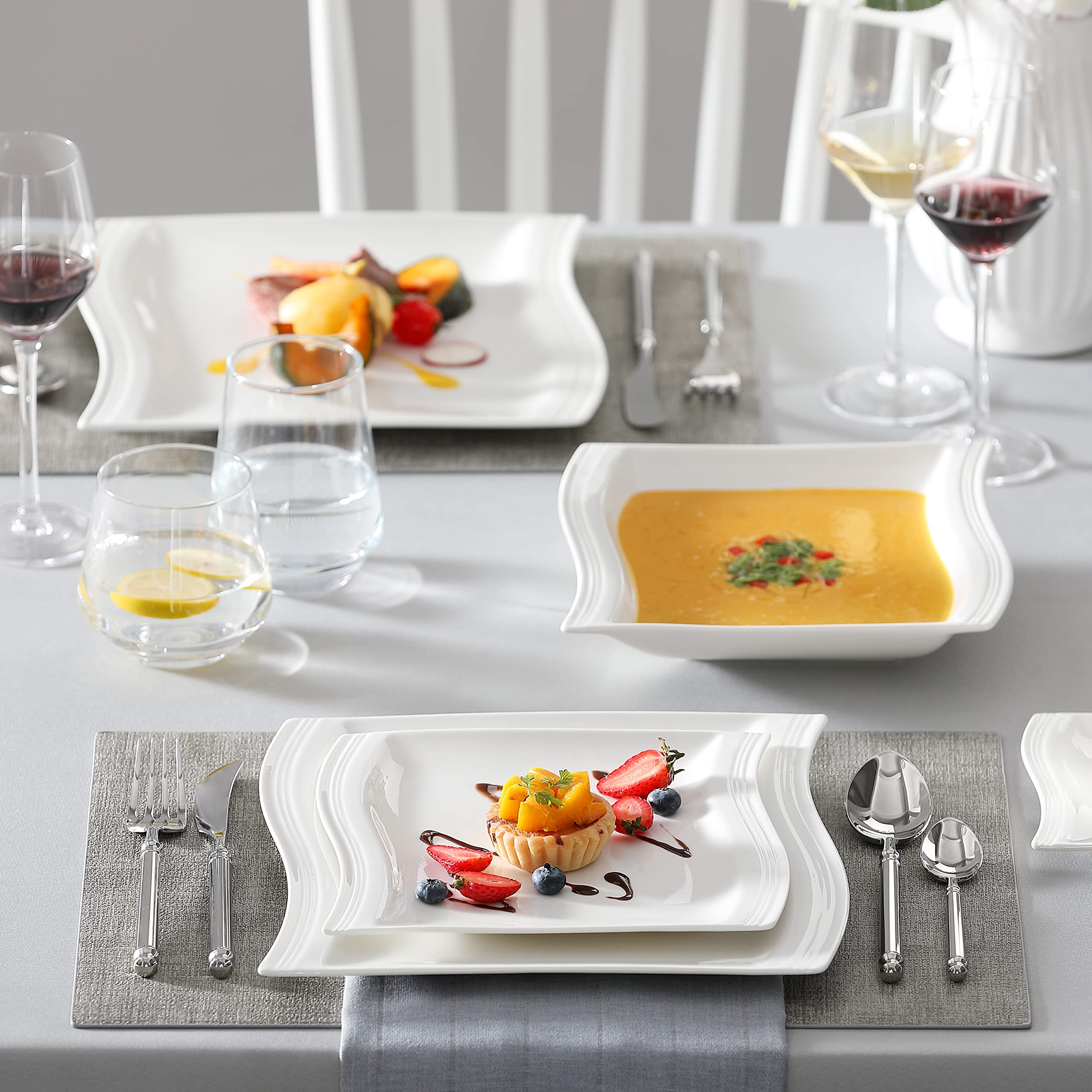 MALACASA 16-Piece Ivory White Porcelain Dinnerware Set for 4 - Square Plates & Bowls, Modern FLORA Series | Includes Dinner Plates, Dessert Plates, Soup Bowls | Perfect for Family Meals, Dinner Parties & Restaurant-Style Dining