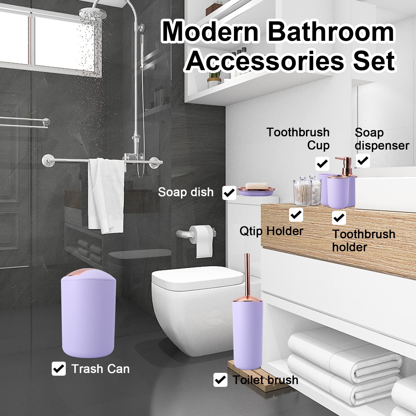 **9-Piece Purple Bathroom Accessories Set - Trash Can, Soap Dispenser, Soap Dish, Toilet Brush with Holder, Toothbrush Holder, Tumbler Cup, Tray & Q-Tip Holders - Perfect for Modern Bathroom Decor & Organization**