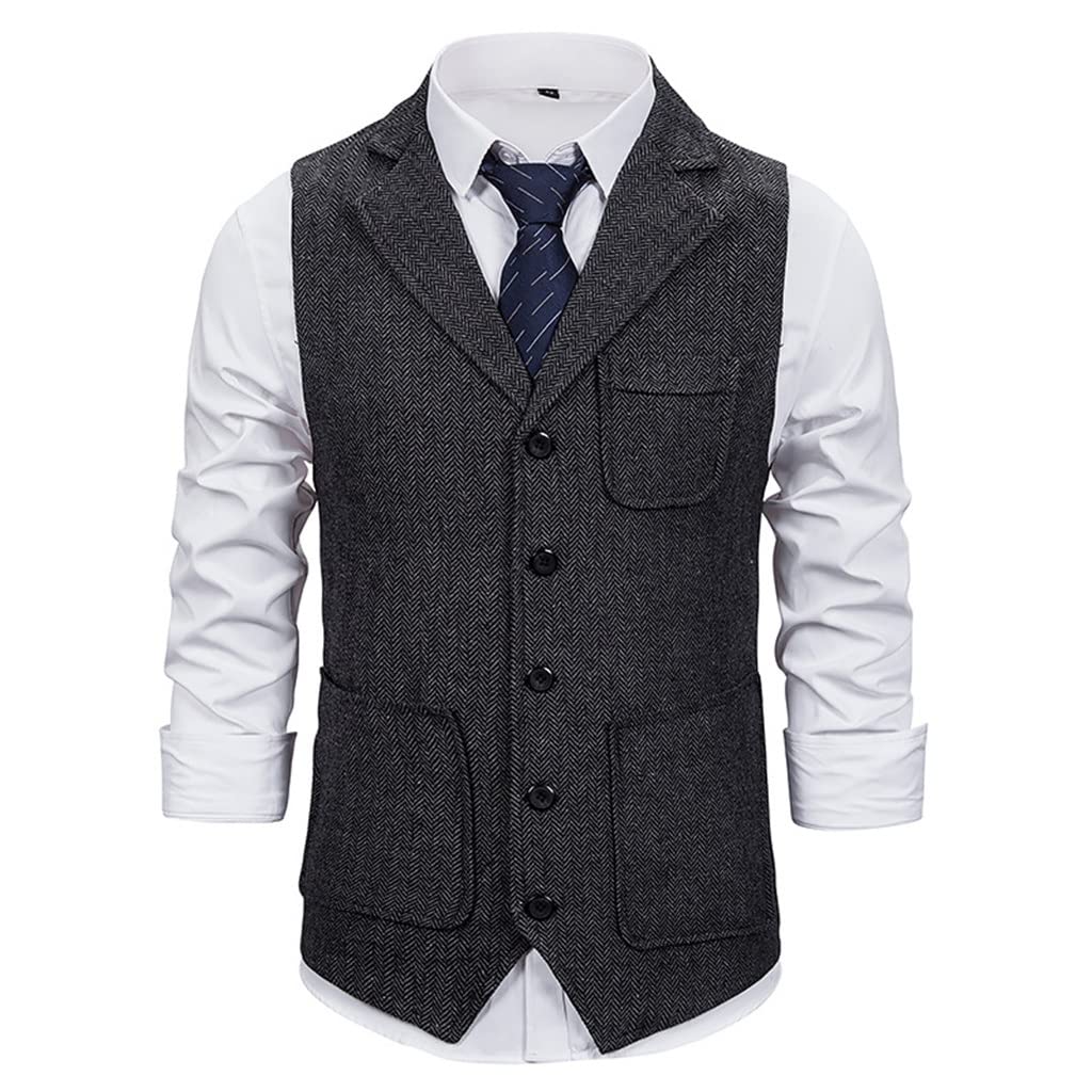 Men's Slim Fit Herringbone Tweed Vest - Formal Business Waistcoat with Multiple Pockets | Sleeveless Jacket for Office, Wedding & Special Occasions (Color: A, Size: L)