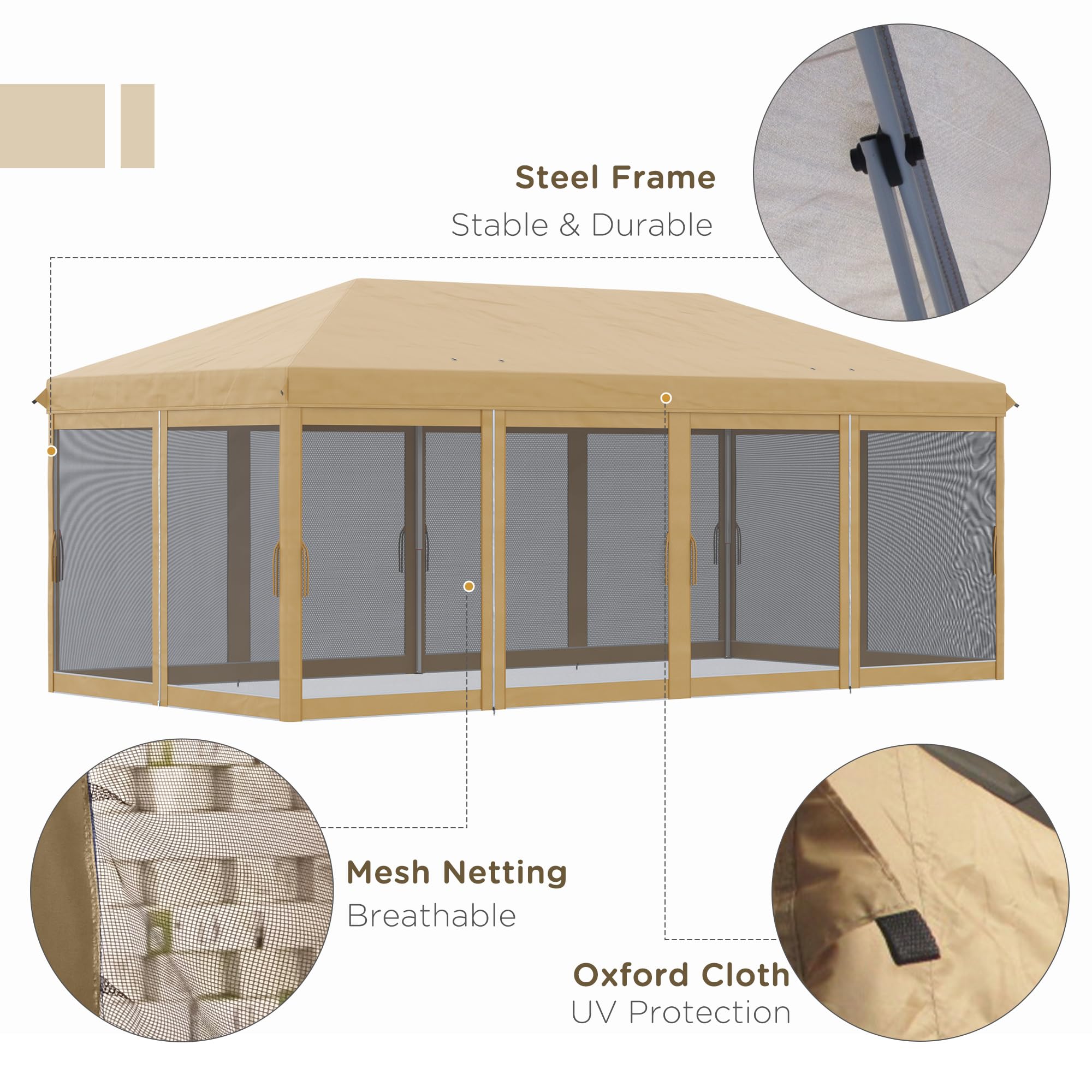 Outsunny 10' x 20' Heavy Duty Pop Up Canopy Tent with Netting - Instant Sun Shelter for Outdoor Parties, Camping, Beach & Backyard - Includes Carry Bag (Beige)