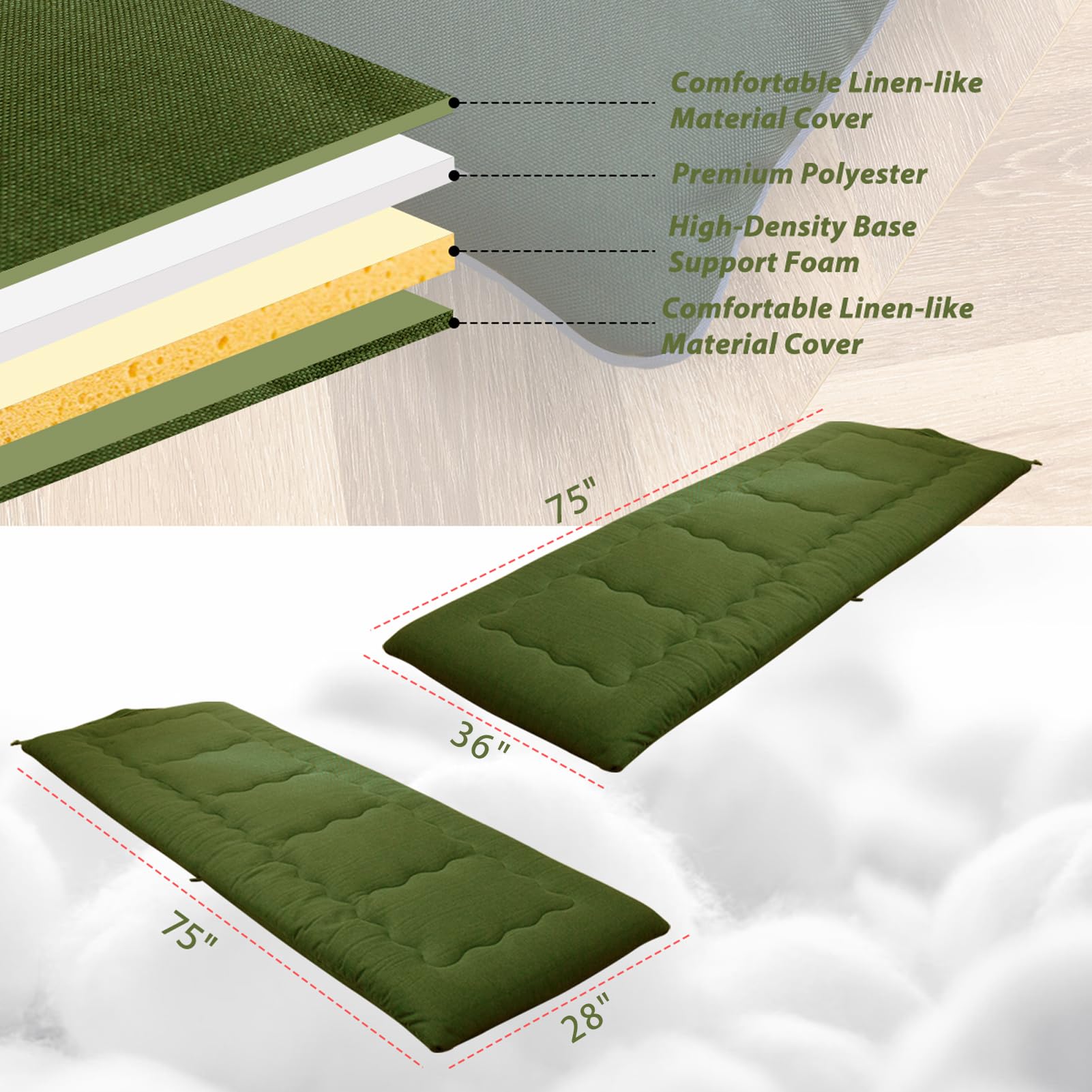 MAXYOYO Roll Up Mattress - Portable Foldable Twin Floor Futon for Camping, Travel & Guest Bed - 75x36 Inch Green Sleeping Mat for Indoor/Outdoor Use