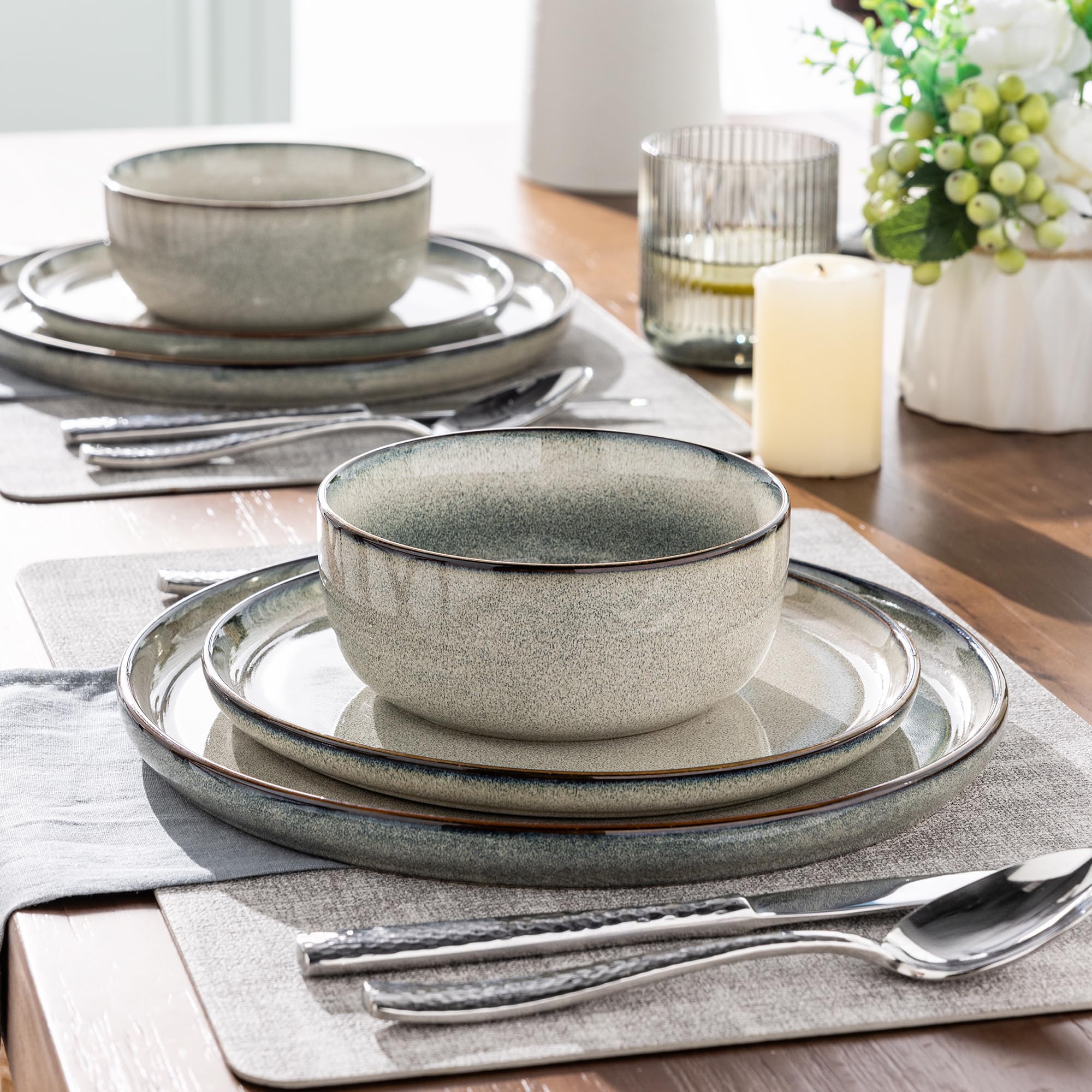 GBHOME 24-Piece Ceramic Dinnerware Set for 8, Stoneware Plates & Bowls Set - Scratch Resistant, Dishwasher & Microwave Safe, Reactive Glaze Green Wheat - Perfect for Family Dinners, Restaurants & Entertaining Guests
