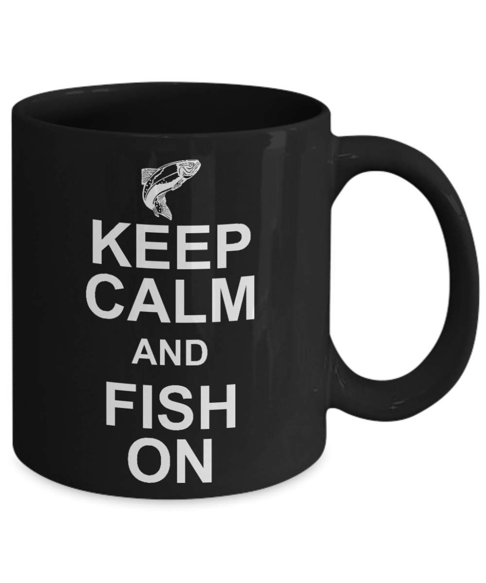 Keep Calm And Fish On - 11 oz Black Porcelain Coffee Mug | Funny Fisherman Gift for Anglers & Fishing Enthusiasts | Perfect for Camping, Office & Outdoor Adventures