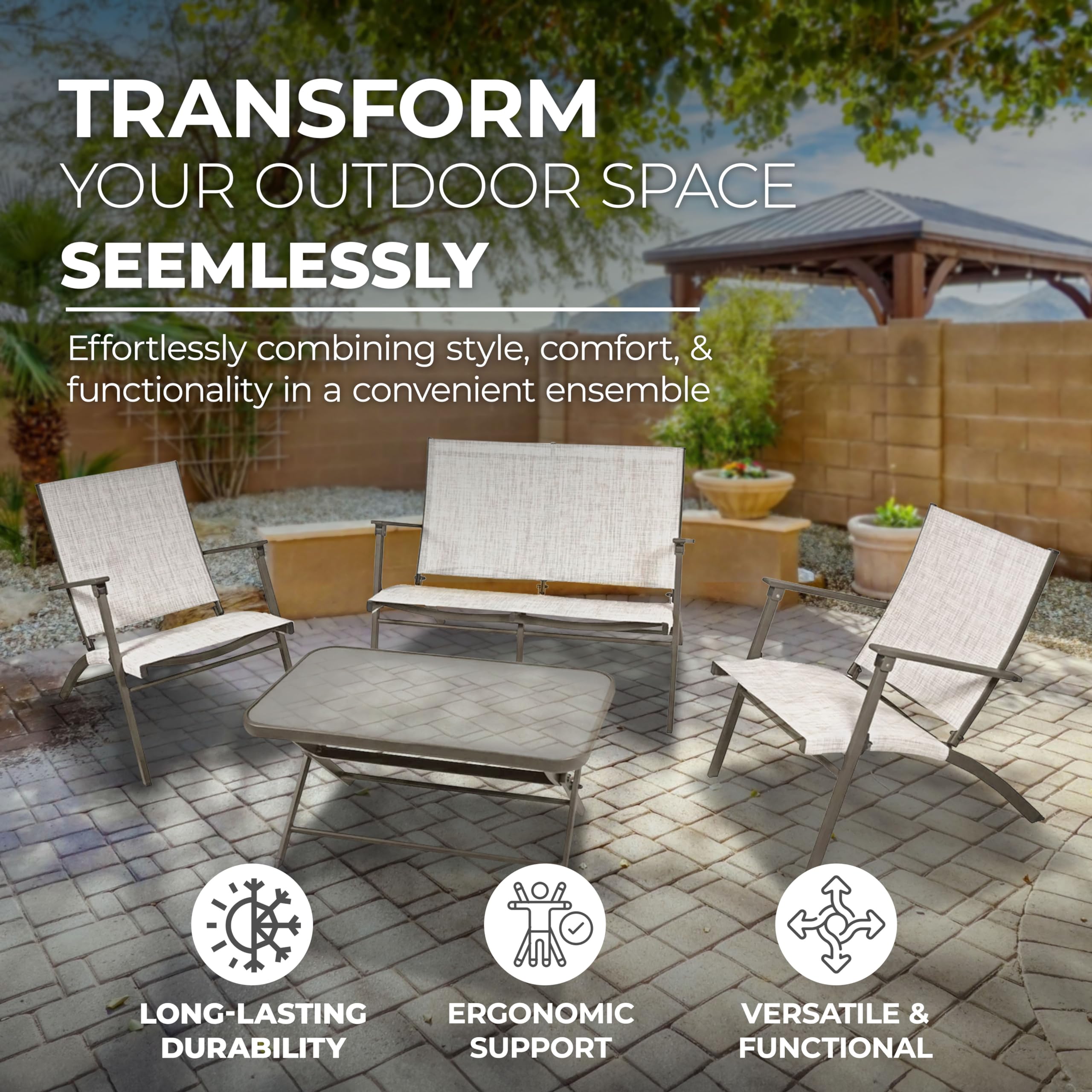 Novara 4-Piece Steel Folding Outdoor Patio Furniture Set - 2 Chairs, 1 Loveseat & Table in Tan/Espresso - Perfect for Garden, Backyard, Poolside & Patio Relaxation