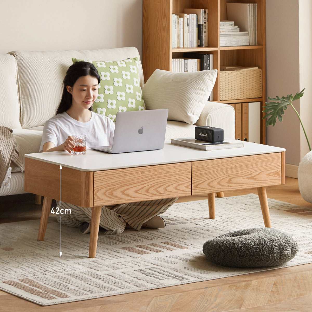 Solid Oak & Beech Wood Slate Coffee Table - Modern Minimalist Design for Living Room, Lounge & Office