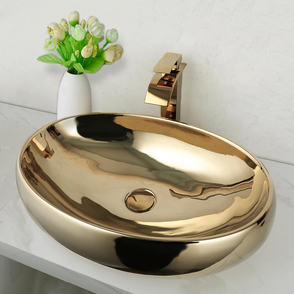 23 Inch Gold Ceramic Vessel Sink with Waterfall Faucet & Pop-Up Drain - Modern Oval Bathroom Sink Basin for Above Counter Installation - Perfect for Spa, Master Bath & Luxury Home Decor