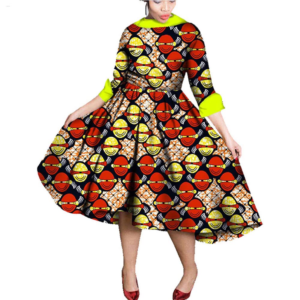 ANNINGWAX African Print Long Sleeve Patchwork Midi Dress for Women - Elegant Party Wear, Church Outfit & Special Occasion Attire