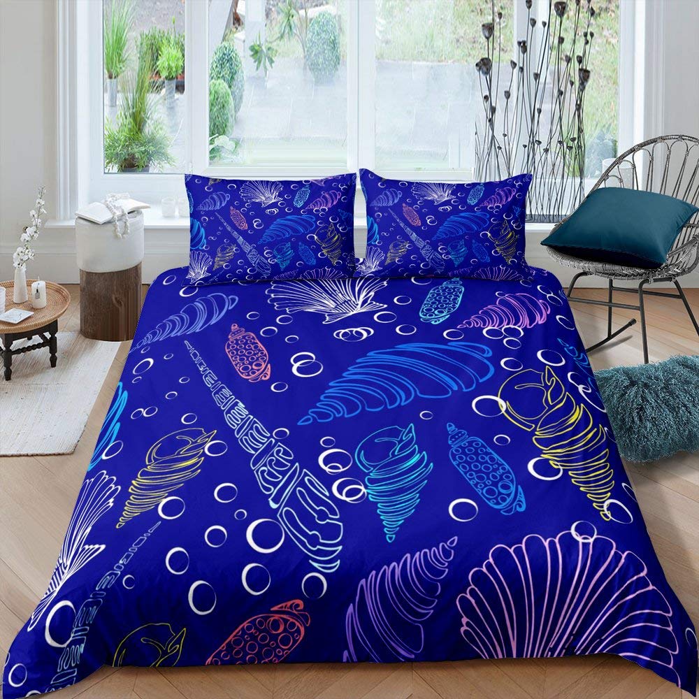 Kids Ocean Theme Bedding Set - Blue Conch Shell Print Duvet Cover & Pillowcase Twin Size (2 Piece Set) | Perfect for Beach Themed Bedrooms & Underwater Decor