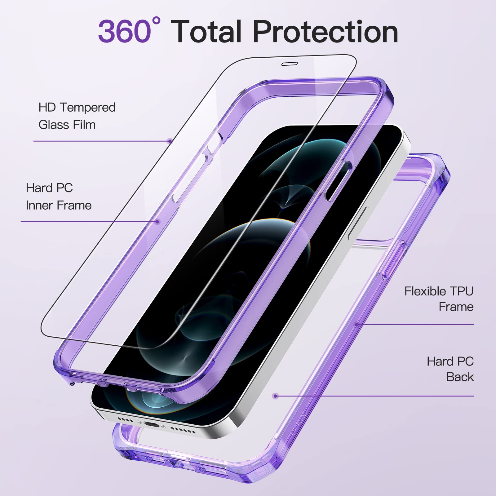 JETech iPhone 12 Pro Max Case 6.7 Inch with 2-Pack Tempered Glass Screen Protector - 360° Shockproof Bumper Cover, Clear Back Protective Phone Case (Purple) | Perfect for Outdoor Activities, Work & Daily Use