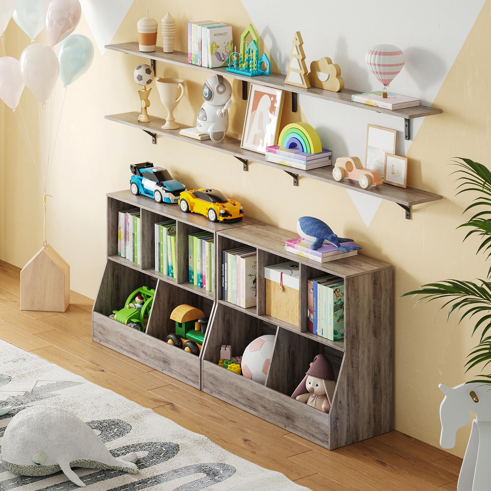 DINZI LVJ 5-Cubby Wooden Toy Storage Organizer & Kids Bookshelf - Greige, 35.4