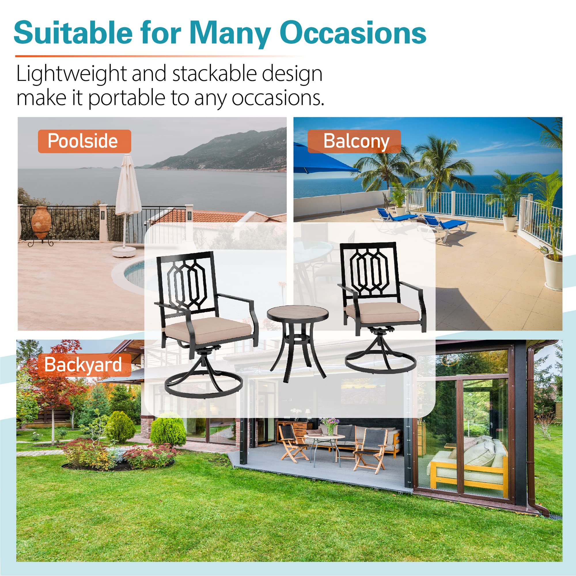 Sophia & William 3-Piece Patio Bistro Set - 2 Swivel Metal Chairs & Round Side Table - Outdoor Furniture for Balcony, Garden, Backyard, Deck - Perfect for Coffee, Dining, Relaxing