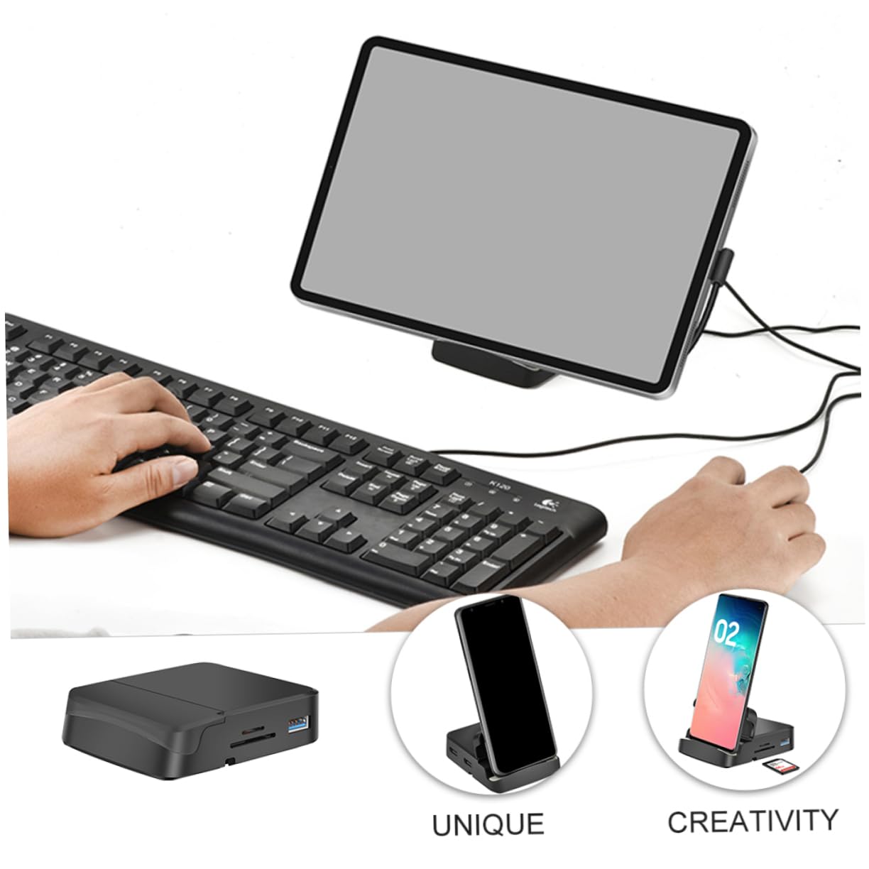 KONTONTY 8-in-1 USB C Docking Station with Phone Holder - 8 Port USB Hub Adapter for Laptop, PC, MacBook - Ideal for Home Office, Gaming & Multi-Device Charging