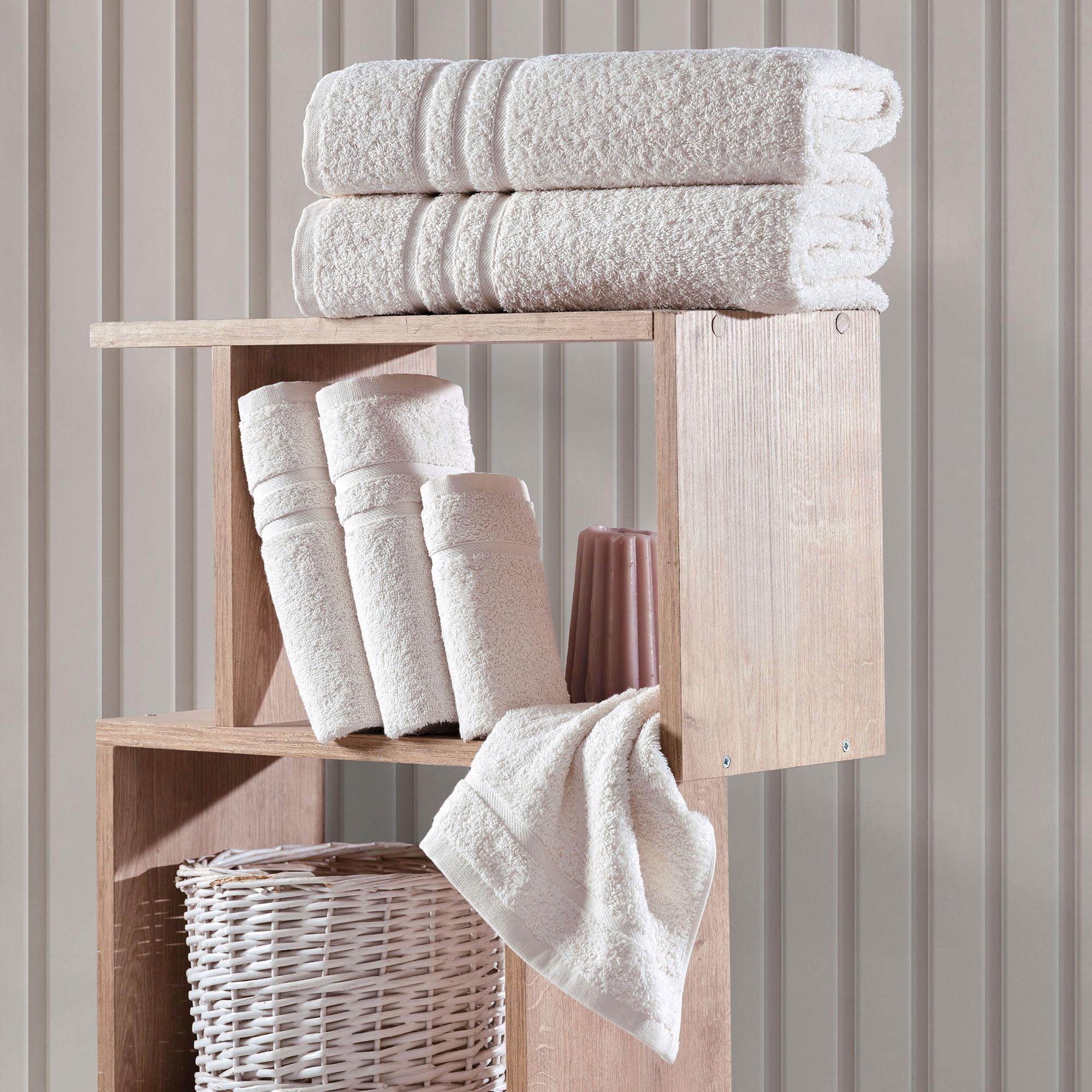 Premium 6-Piece Turkish Cotton Bath Towel Set - 2 Bath Towels, 2 Hand Towels & 2 Washcloths | Ultra Soft, Highly Absorbent Linen Cream Towels for Spa, Bathroom & Luxury Home Use (Sea Salt Color)