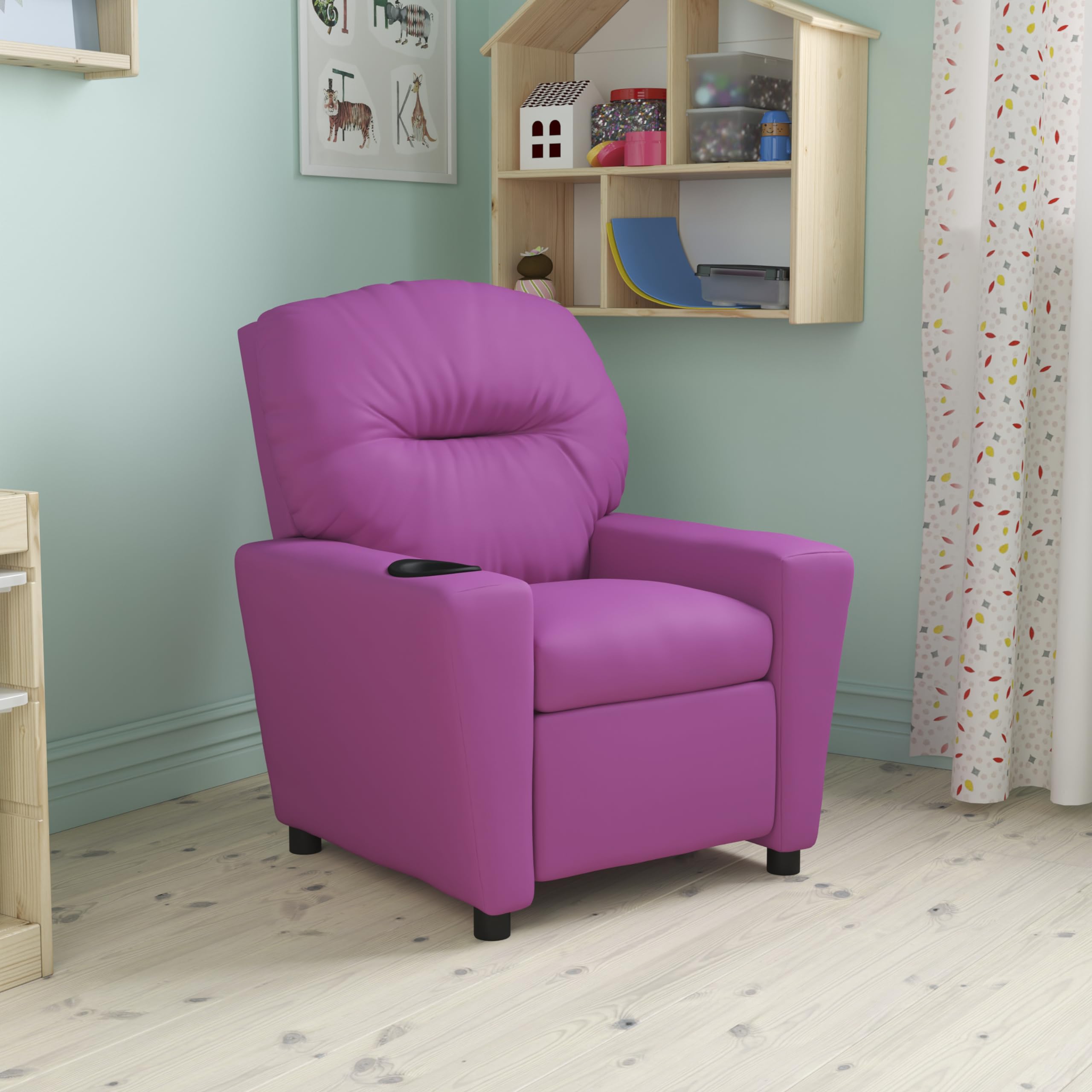 EMMA + OLIVER Hot Pink Vinyl Kids Recliner with Cup Holder - Comfortable Children's Chair for Playroom, Bedroom, or TV Watching - Perfect Gift for Toddlers and Kids