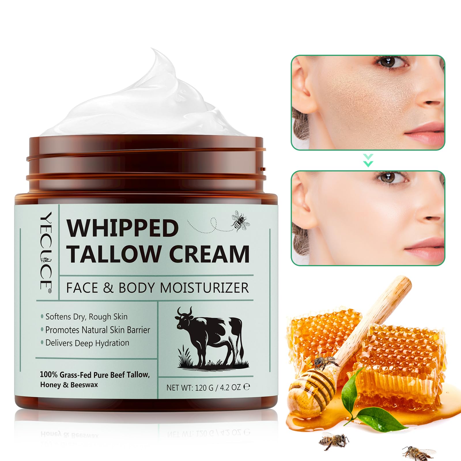 Grass-Fed Beef Tallow Balm with Honey - Deep Hydration for Face & Body - Perfect for Dry Skin Care