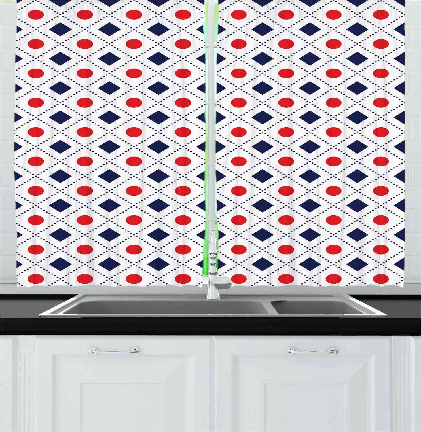 Ambesonne Navy Blue and Red Geometric Print Kitchen Curtains - 55