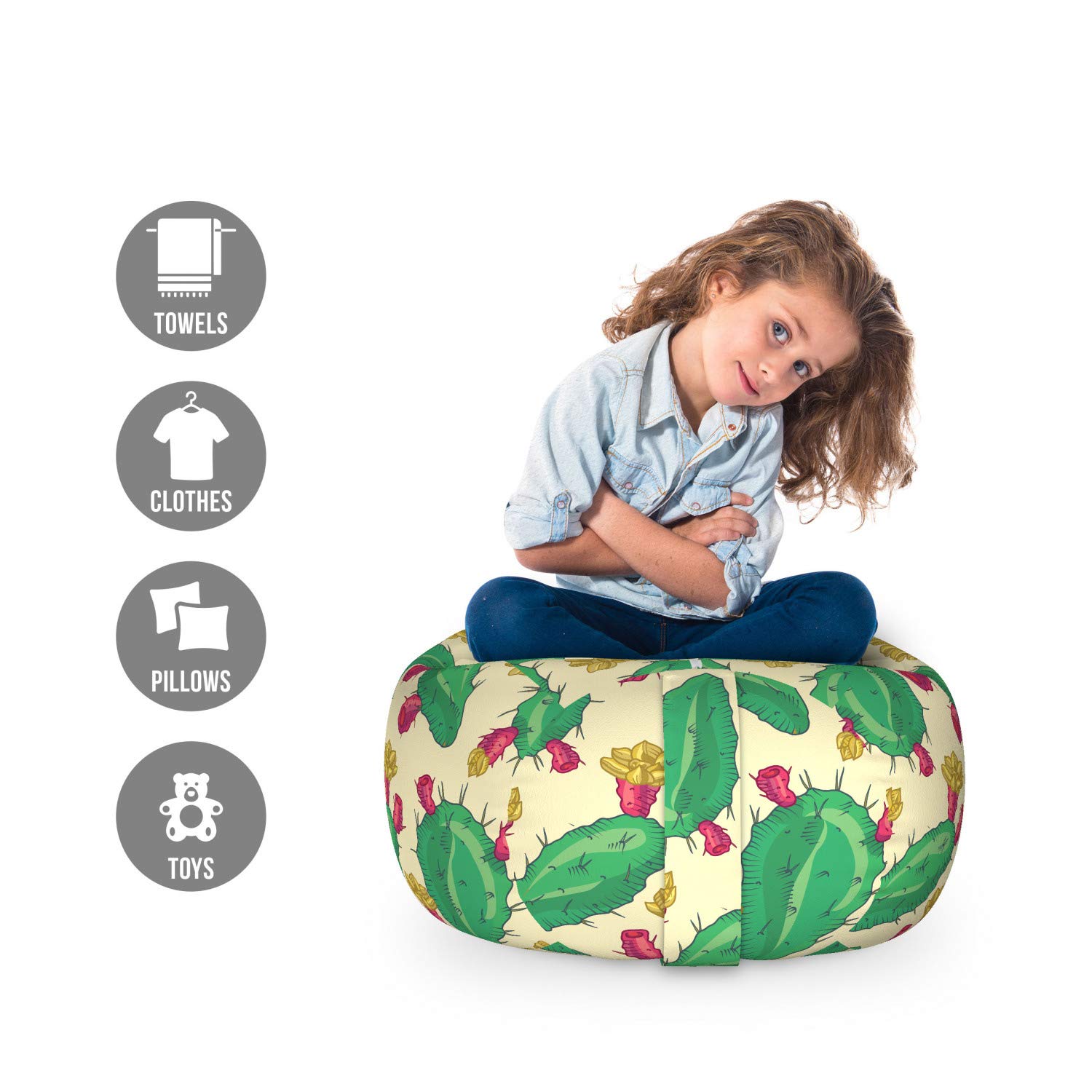 Ambesonne Succulent Toy Storage Bag Chair - Cactus & Flower Cartoon Design, Washable Stuffed Animal Organizer, Small Cream Sea Green - Perfect for Kids' Room, Nursery & Playroom Organization