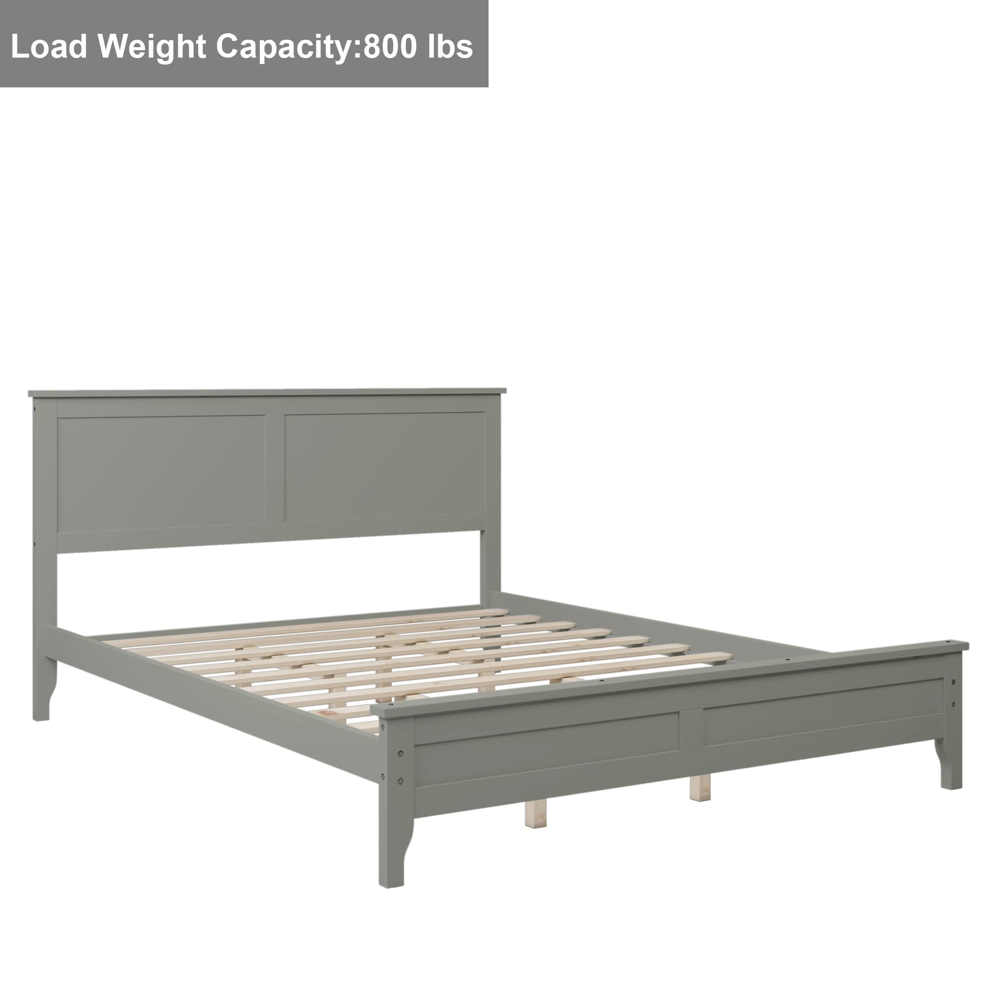 Queen Size Bed Frame with Headboard - 800 lbs Heavy Duty Platform Bed in Gray Pine Wood for Bedroom