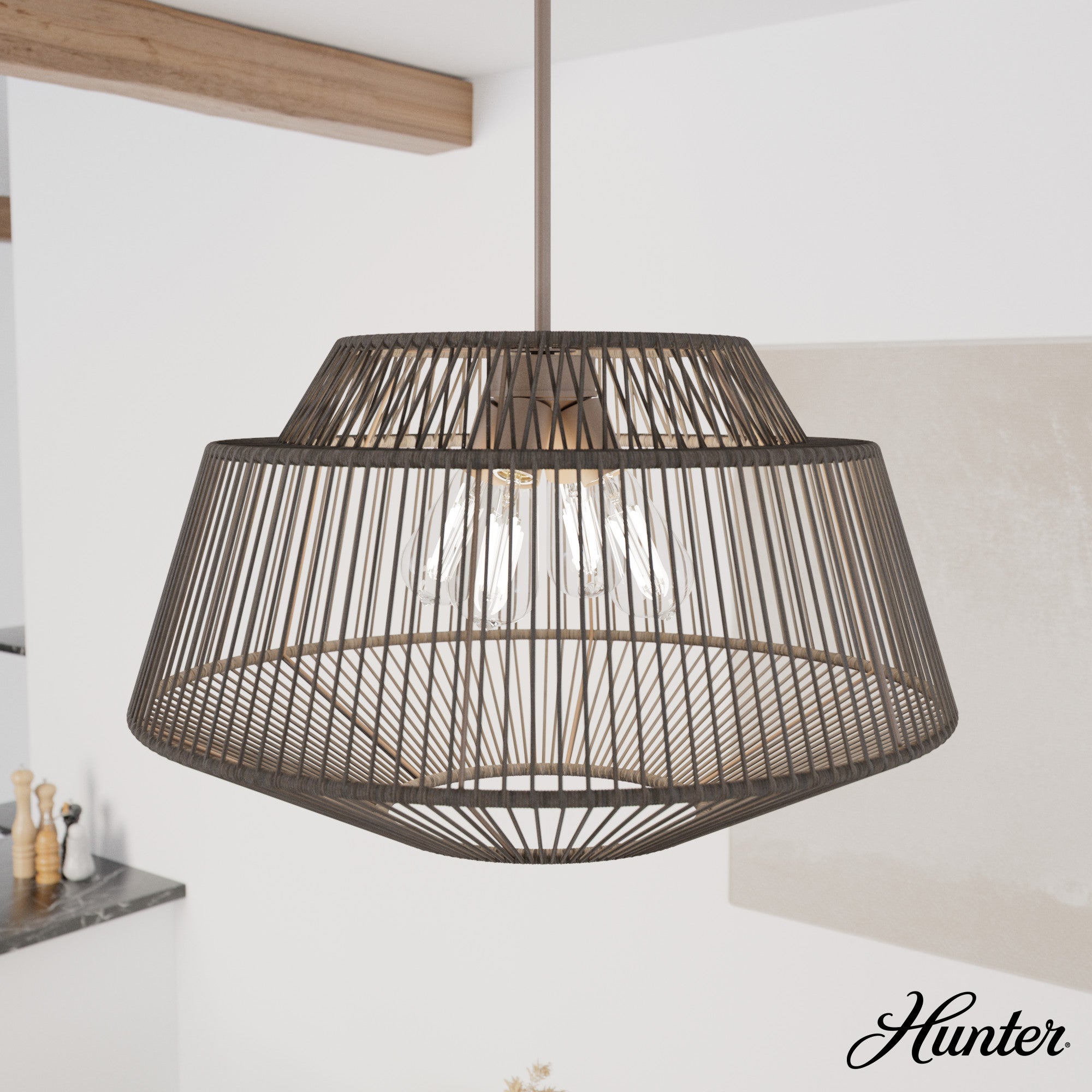 Hunter Brookhollow Sable Rattan 4-Light Pendant Ceiling Light Fixture - Jasmine Roth Collection - Perfect for Farmhouse, Boho & Coastal Dining Rooms, Kitchens & Entryways