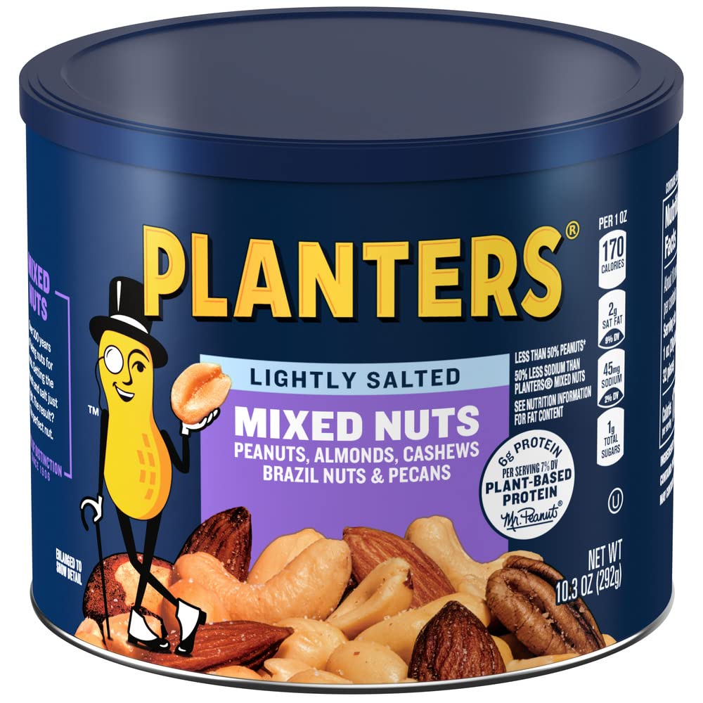 Planters Lightly Salted Mixed Nuts - 10.3 oz Canister - Premium Snack Mix with Almonds, Cashews & Pistachios - Perfect for Office Snacks, Healthy Travel Food & Party Mix