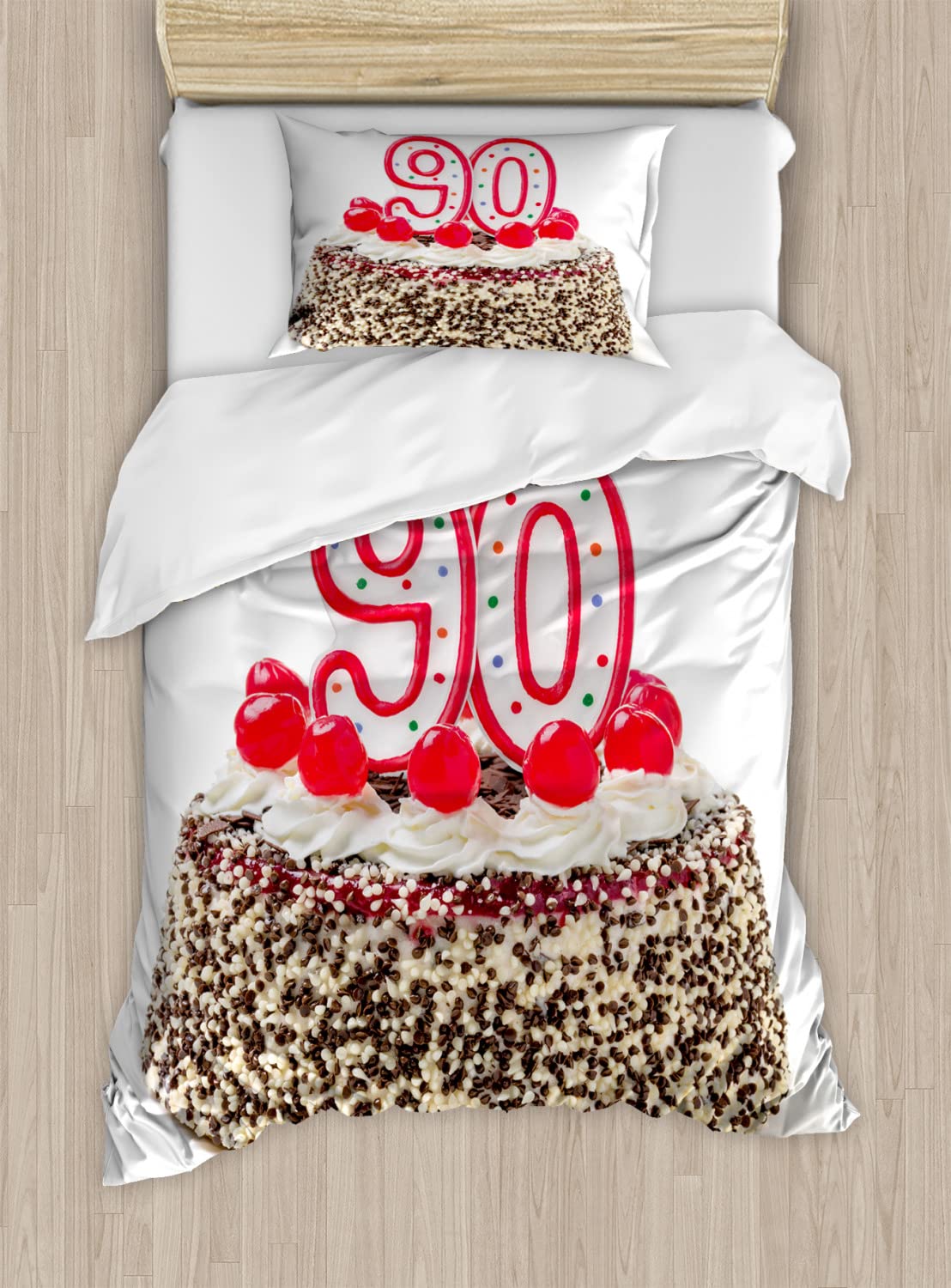 Ambesonne 90th Birthday Duvet Cover Set - Queen Size 2-Pack with 2 Duvet Covers & 4 Pillowcases - Birthday Cake with Cherries & Candles Design in Red Brown White - Perfect for Milestone Celebrations & Guest Bedroom Decor