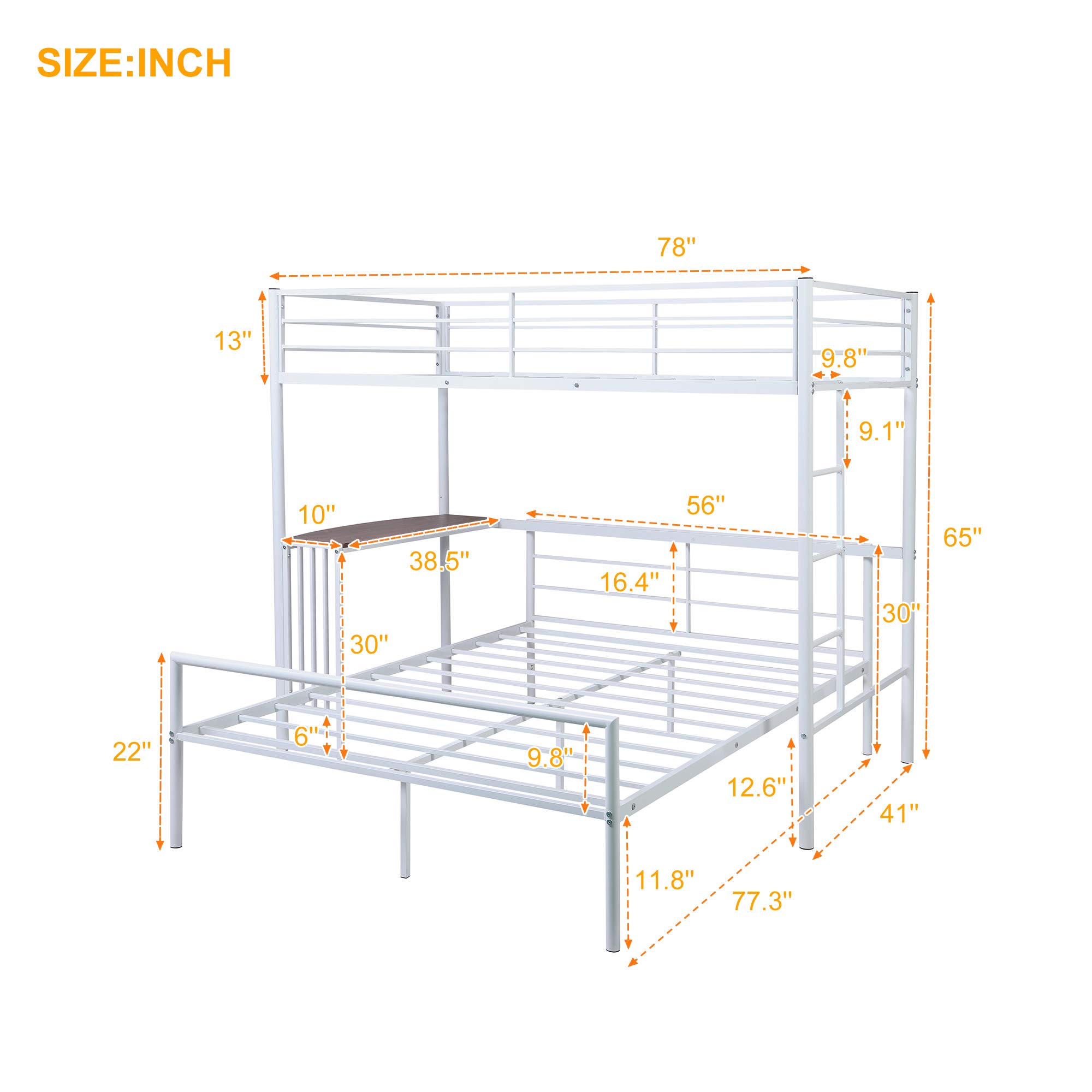 Dolonm Convertible Twin Over Full Metal Bunk Bed with Built-in Desk, Ladder & Safety Guardrails - Heavy Duty Space-Saving Bed Frame for Kids, Teens & Small Bedrooms (White) - Perfect for Shared Rooms, Dorms & Studio Apartments